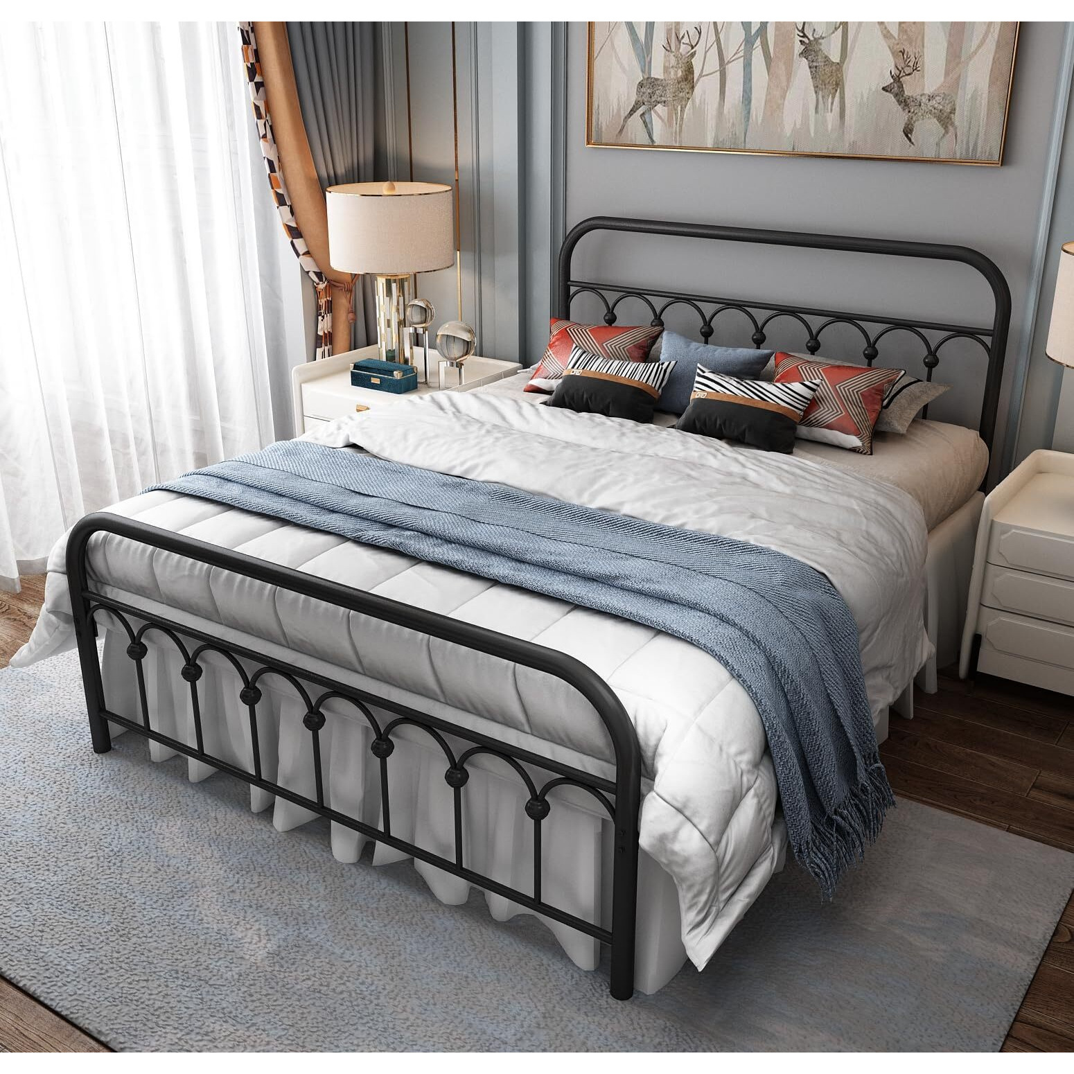 Yalaxon Vintage Sturdy Full Size Metal Bed Frame Basic With Headboard And Footboard,No Box Spring Needed,Under Bed Storage (Full,Black)