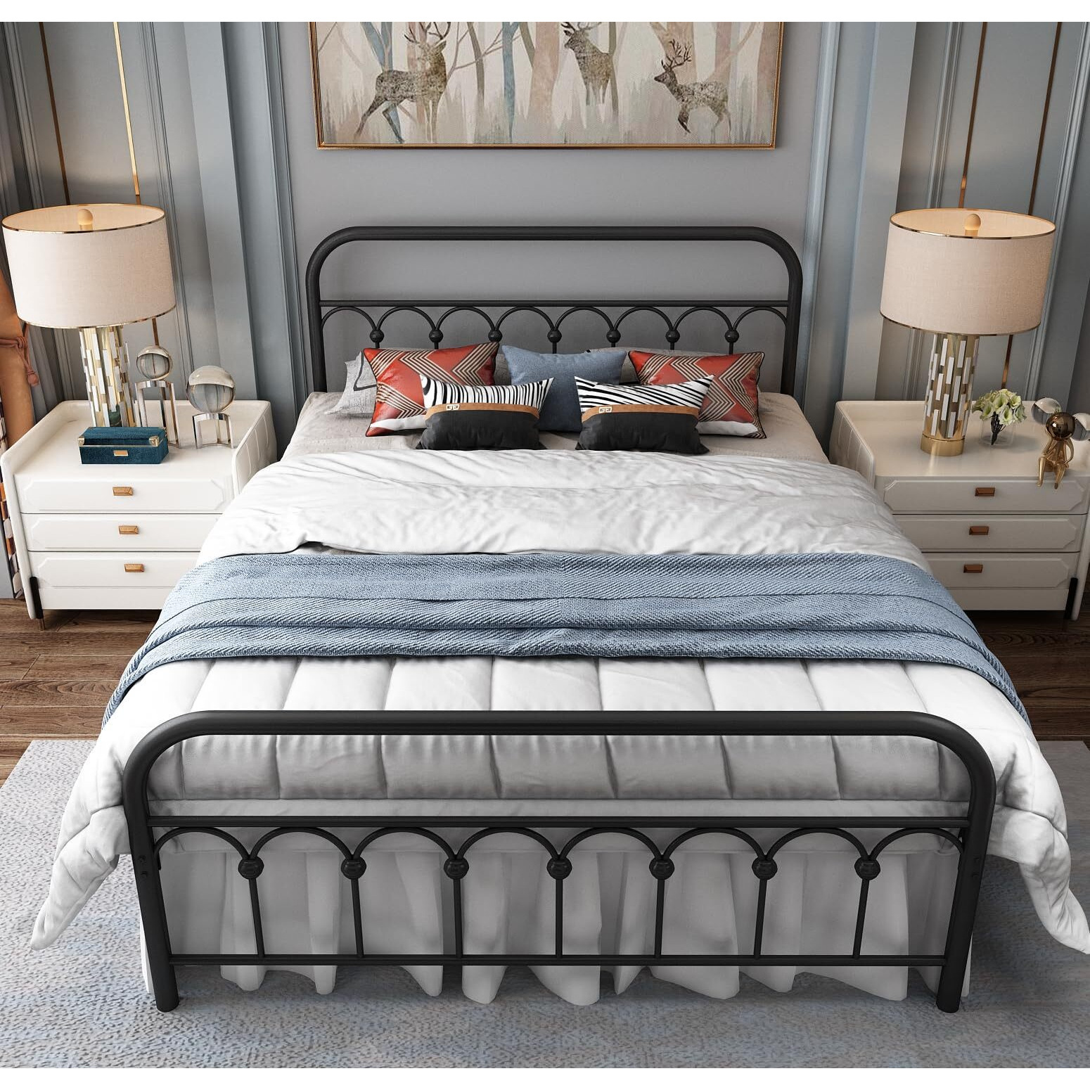 Yalaxon Vintage Sturdy Full Size Metal Bed Frame Basic With Headboard And Footboard,No Box Spring Needed,Under Bed Storage (Full,Black)