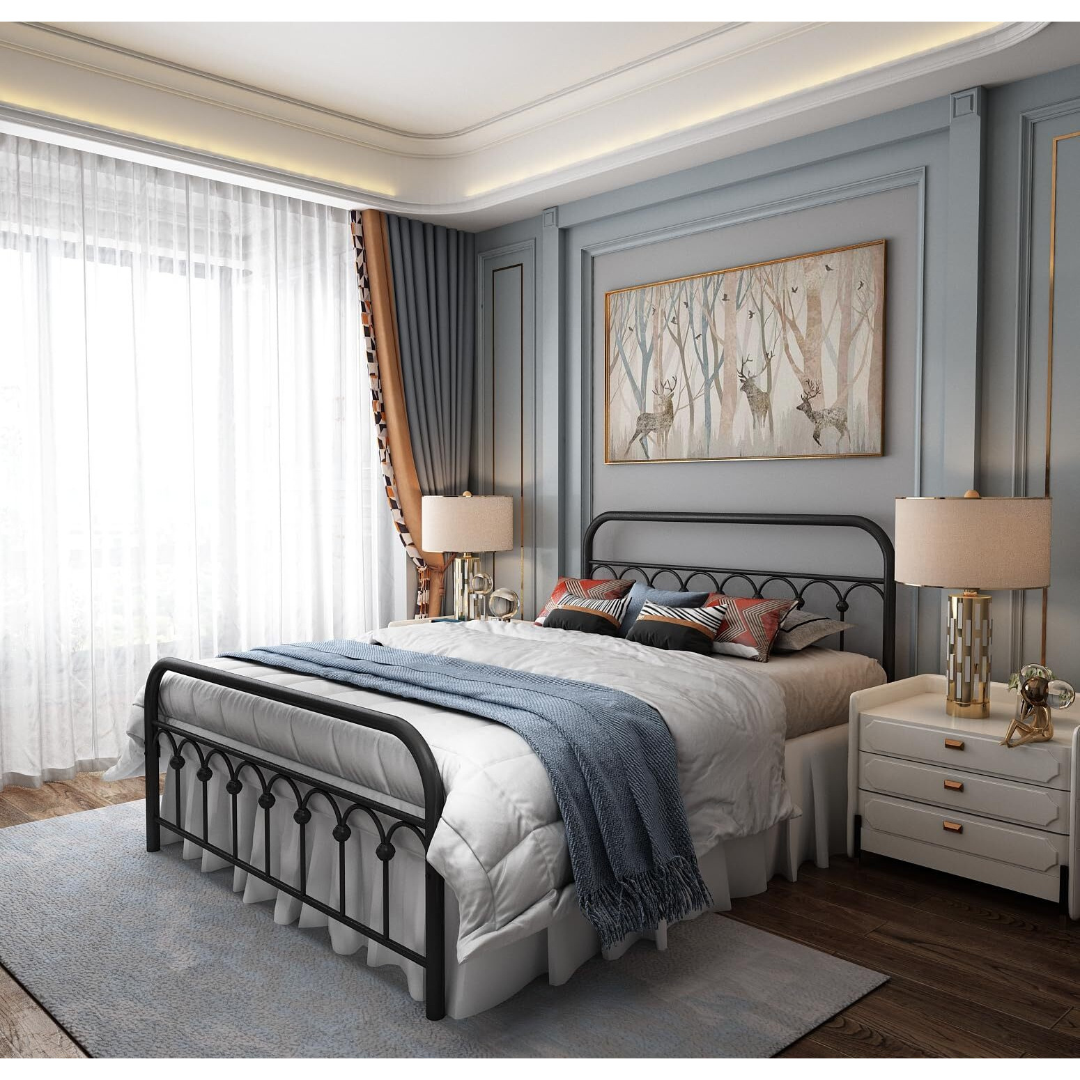 Yalaxon Vintage Sturdy Full Size Metal Bed Frame Basic With Headboard And Footboard,No Box Spring Needed,Under Bed Storage (Full,Black)