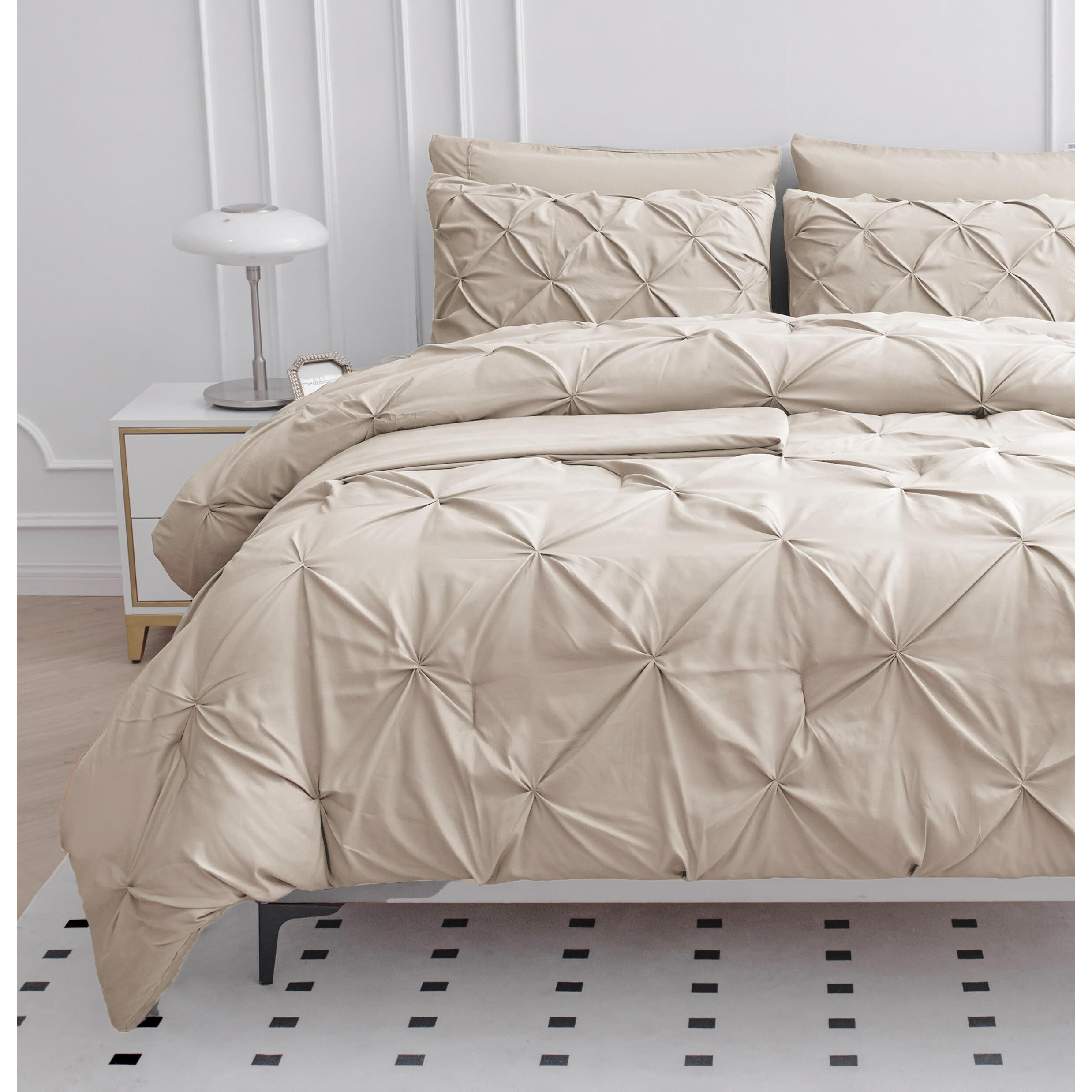Lane Linen Full Comforter Set - 7 Piece Bed In A Bag - Pinch Pleated Full Size Bedding Set With Comforter, Flat Sheet, Fitted Sheet, Pillowcase & Sham - Soft Pintuck Bed Set, Beige