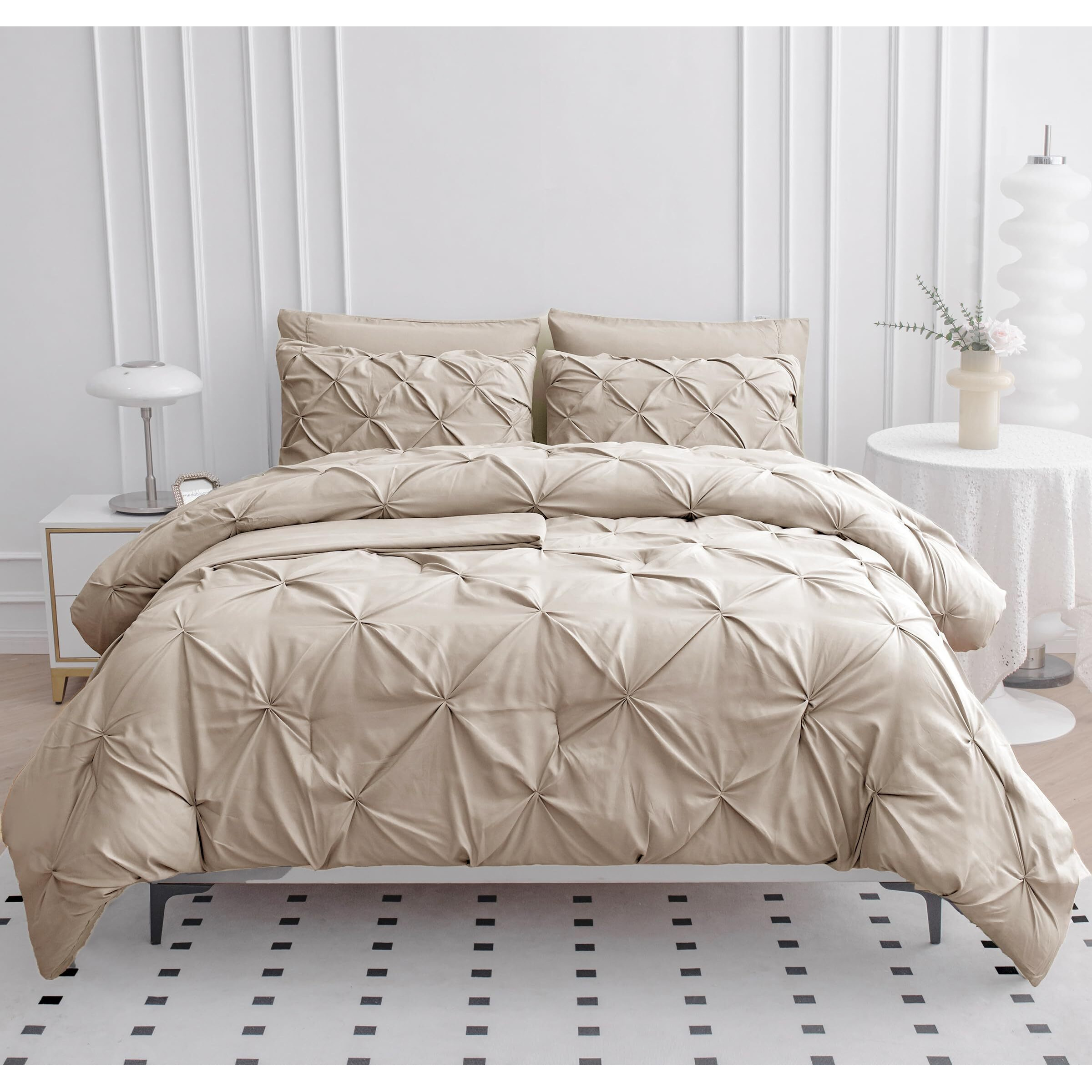 Lane Linen Full Comforter Set - 7 Piece Bed In A Bag - Pinch Pleated Full Size Bedding Set With Comforter, Flat Sheet, Fitted Sheet, Pillowcase & Sham - Soft Pintuck Bed Set, Beige