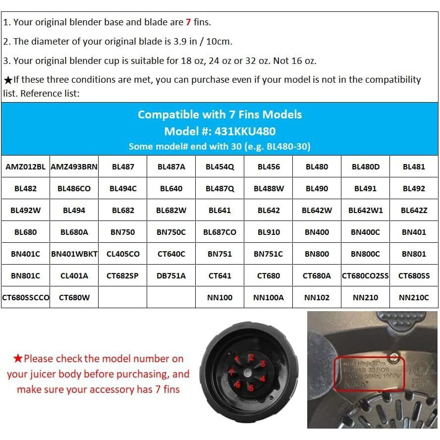 For Ninja Blender Blade Replacement Parts 7 Fins Compatible With Nutri Ninja Auto Iq Bl642-30 Bl482-30 Bl682-30 With Silicone Rubber Gaskets Seal Ring Mixer Attachment, Updated