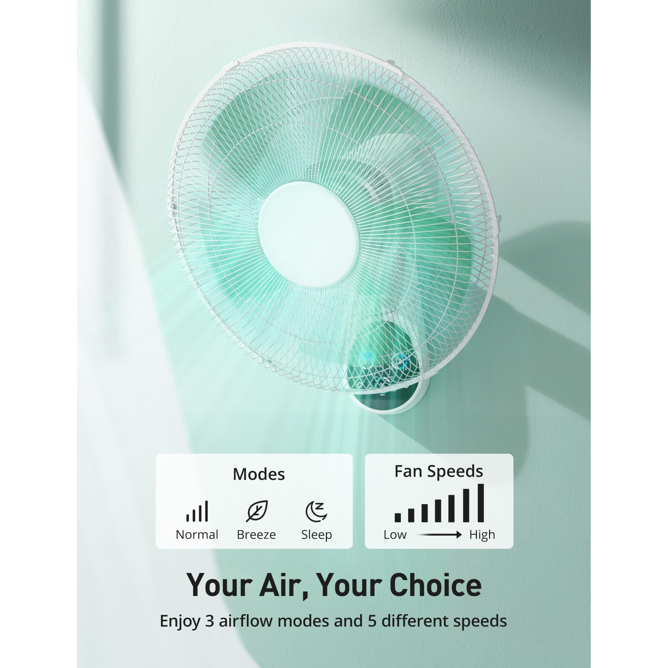 Mirdred Wall Mount Fan, 16 Inch 5 Blades 5 Speeds Wall Fan With Remote Control, 90 Degree 8 Hour Timer Oscillating Fan For Bedroom Home Kitchen Gym Yoga Pilates Studio Glass Sunshine Room