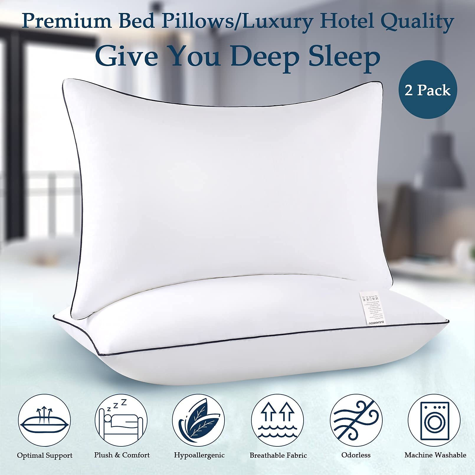 Hoomqing Bed Pillows For Sleeping 2 Pack, Queen Size Set Of 2 For Side Back And Stomach Sleepers, Cooling Pillows,Down Alternative Filling Luxury Soft Supportive Plush Pillows (White)