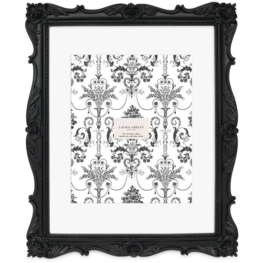 Laura Ashley 11X14 Black Ornate Textured Hand-Crafted Resin Picture Frame, Wall Mount, Decorative Floral Design Home D  Cor, Photo Gallery, Art, More (Black, 11X14 (Matted 8X10))
