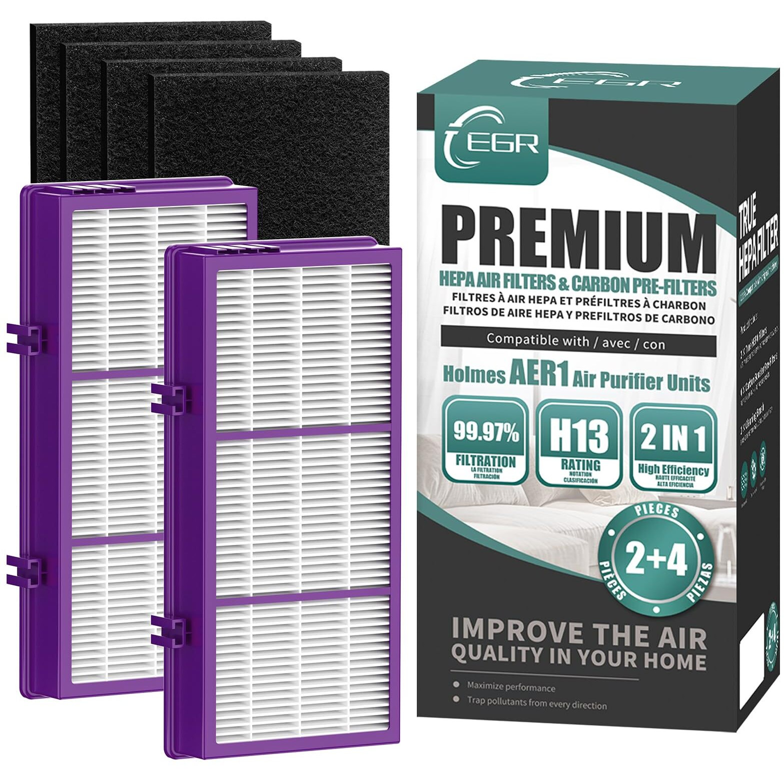 Egr Hapf300Ap Performance Plus Filter For Holmes, Aer1 Filters For Air Purifier Holmes, Replacement Hapf300Ap-U4 (2 Ture Hepa Filters + 4 Carbon Filters + 1 Cleaning Brush)