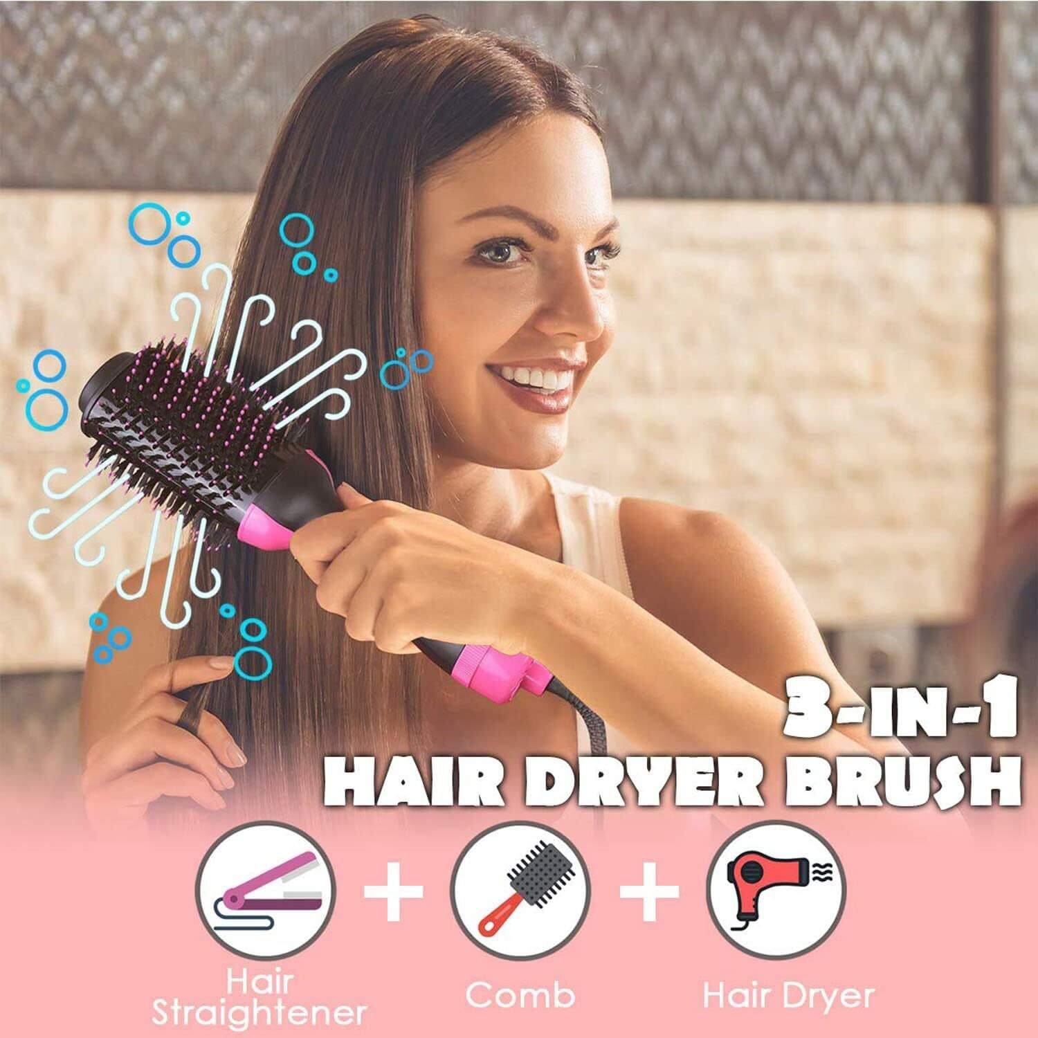 Hair Dryer Brush Blow Dryer Brush In One, 3 In 1 One Step Hair Dryer And Styler Volumizer With Negative Ion Anti-Frizz Ceramic Oval Barrel Hot Air Brush For Drying, Straightening, Salon - Black Pink