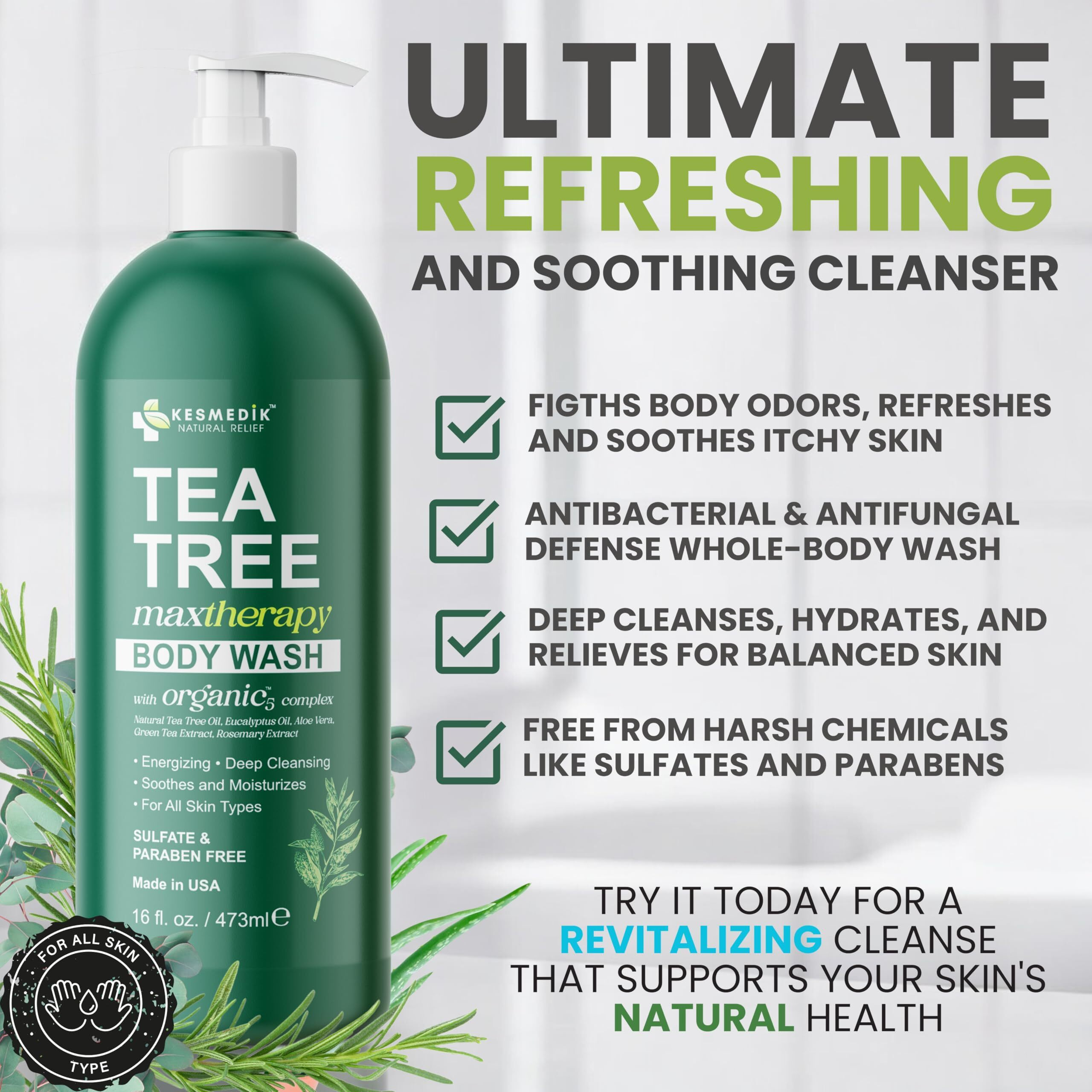 Kesmedik Tea Tree Body Wash | Antibacterial & Antifungal Defense Whole-Body Wash For Odors, Athlete's Foot, Ringworm, Acne, And Eczema Relief. Refreshes And Soothes Itchy Skin - 16 Fl Oz