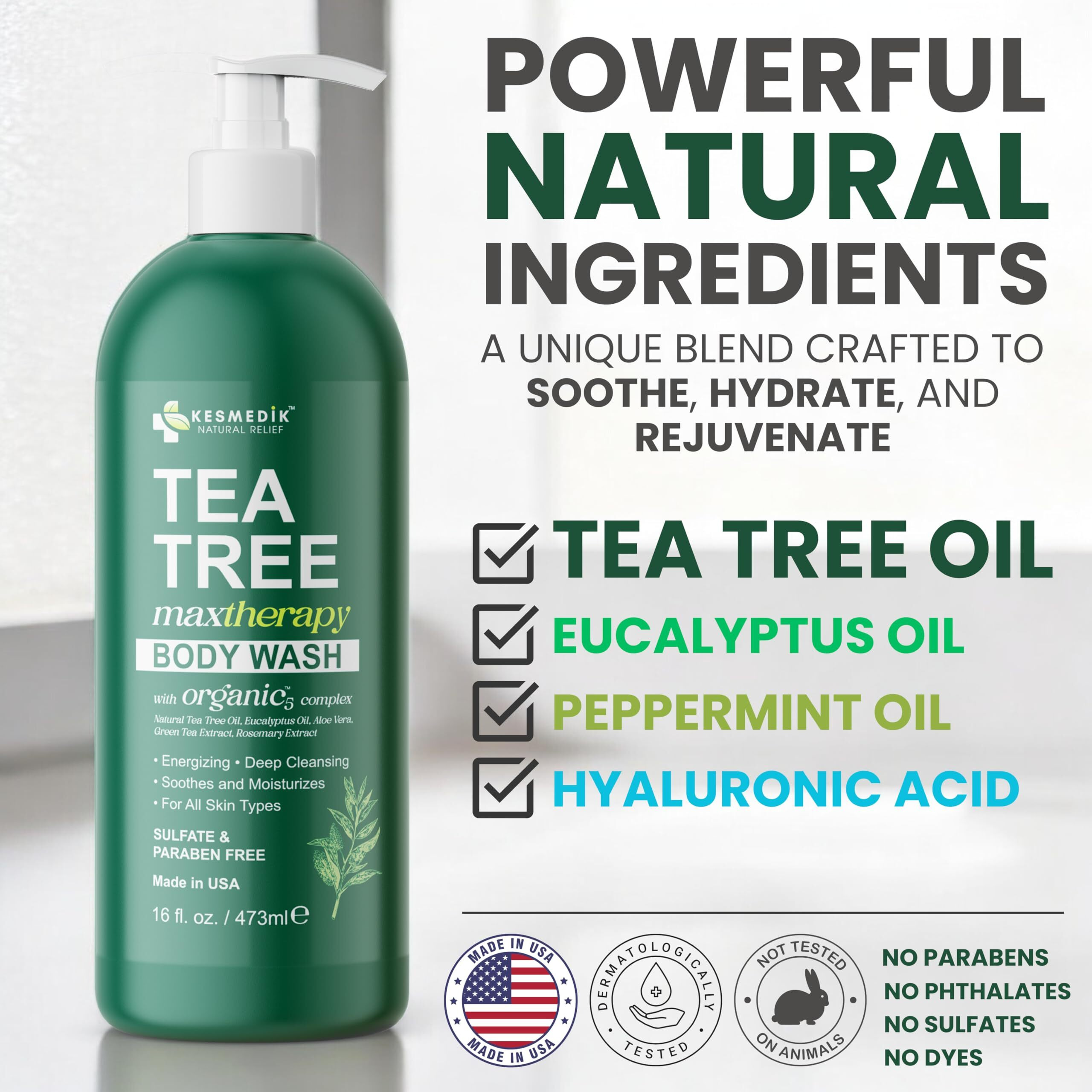 Kesmedik Tea Tree Body Wash | Antibacterial & Antifungal Defense Whole-Body Wash For Odors, Athlete's Foot, Ringworm, Acne, And Eczema Relief. Refreshes And Soothes Itchy Skin - 16 Fl Oz