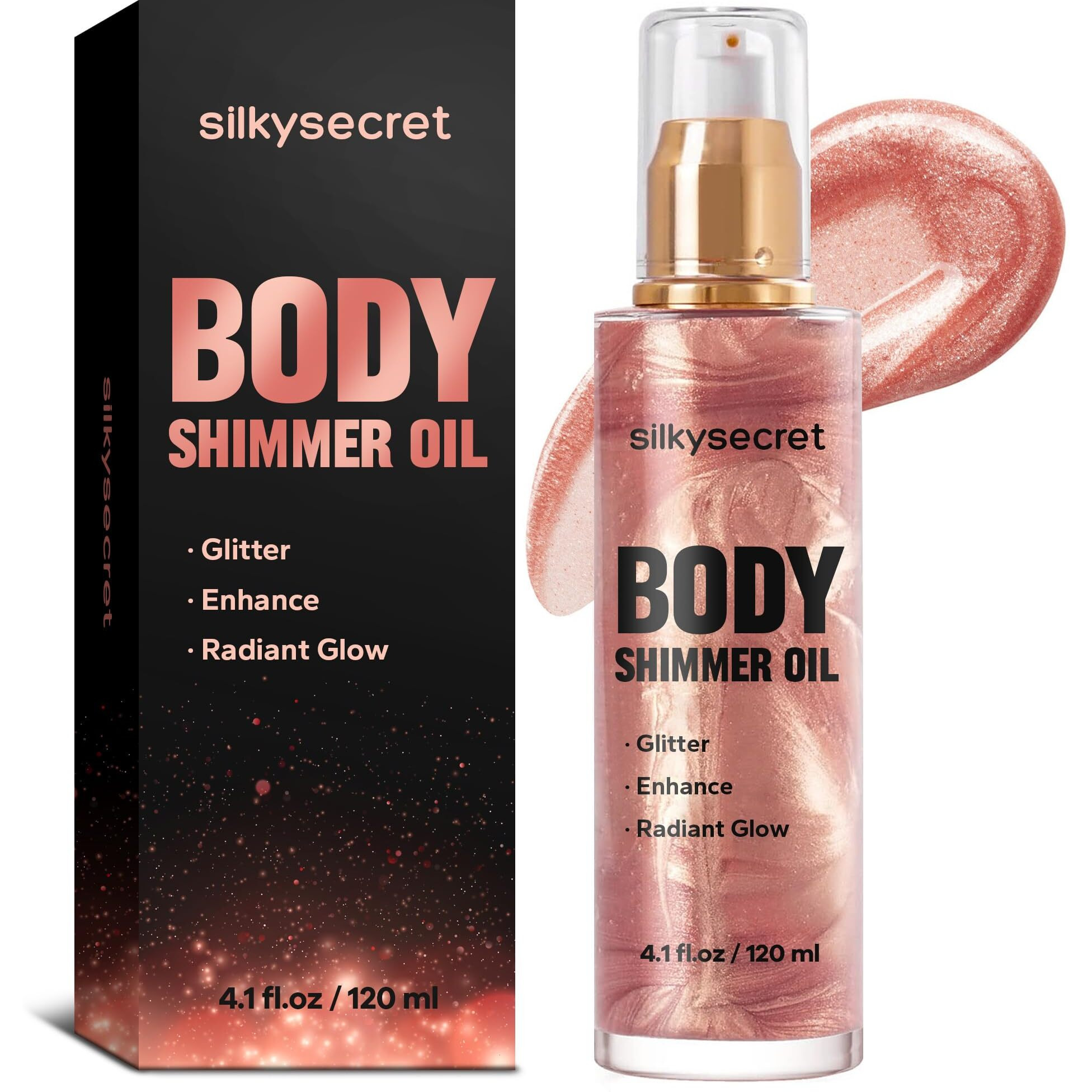 Body Shimmer Oil (4.1 Fl Oz), Body Shimmering, Long-Lasting Moisturizing, Body Oil For Radiant Glow, Glitter Glow Oil, Body & Face Makeup, Rose Gold