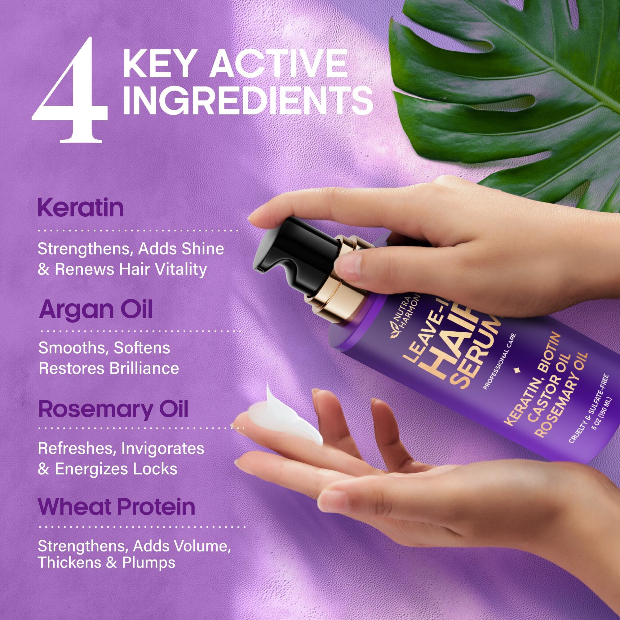 Hydrating Hair Serum For Frizzy And Damaged Hair - Keratin Hair Treatment For Dry Damaged Hair W/ Biotin, Castor Oil, Rosemary Oil, Hair Heat Protectant & Anti Frizz Hair Serum For Frizzy Hair, 5 Oz