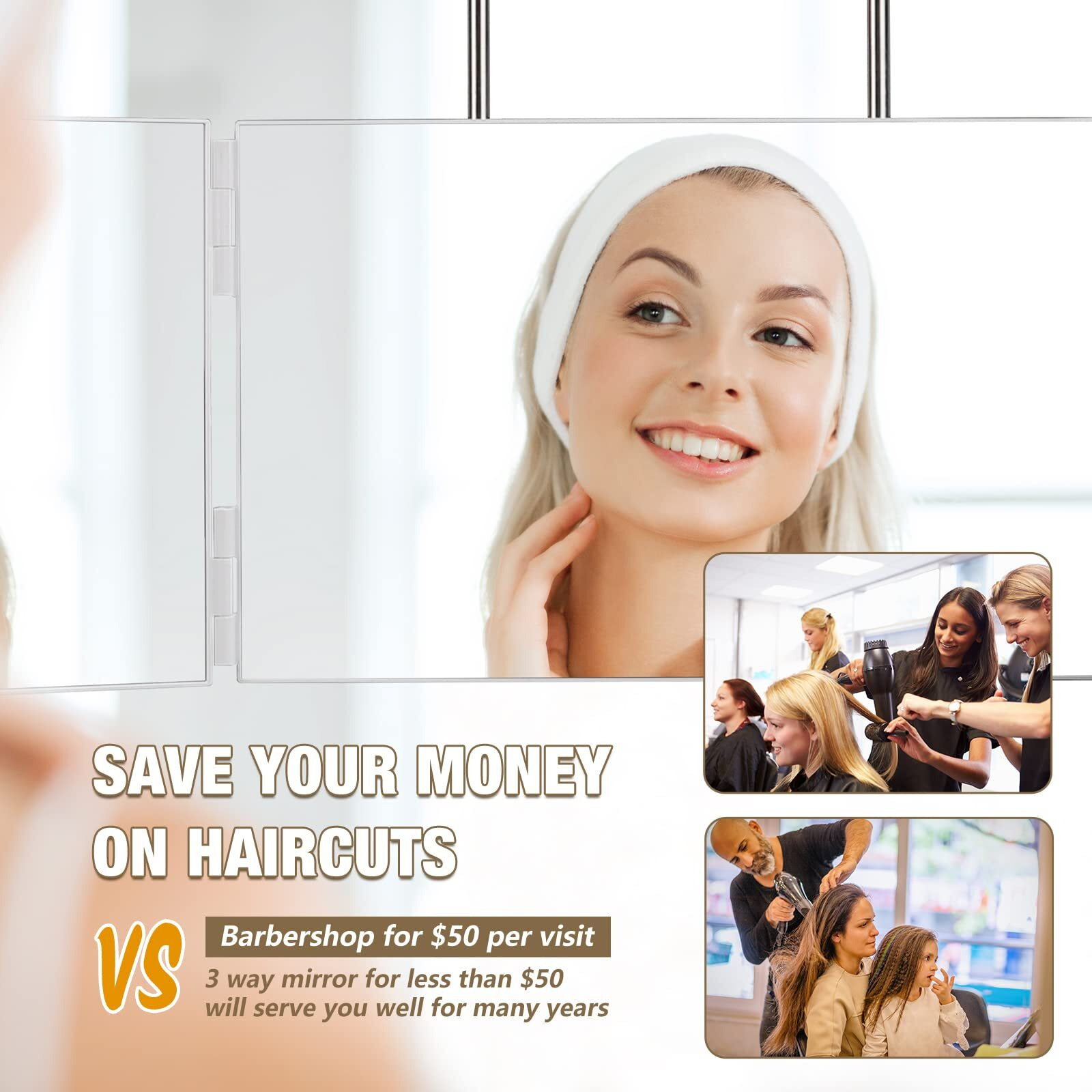 Dripex 3 Way Mirror For Self Hair Cutting, 360 Mirror For Men Or Women, Trifold Self Haircut Mirror With Height Adjustable Hooks, For Makeup, Styling, Shaving, Braiding, Dye Hair (White Without Led)