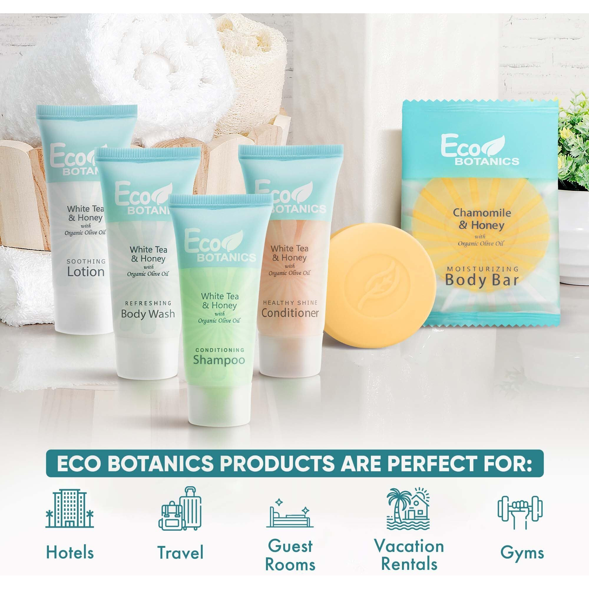Eco Botanics Hotel Soaps And Toiletries Bulk Set | 1-Shoppe All-In-Kit Amenities |0.85Oz Shampoo & Conditioner, Body Wash, Body Lotion & 0.89Oz Bar Soap Travel Size | 75 Pieces