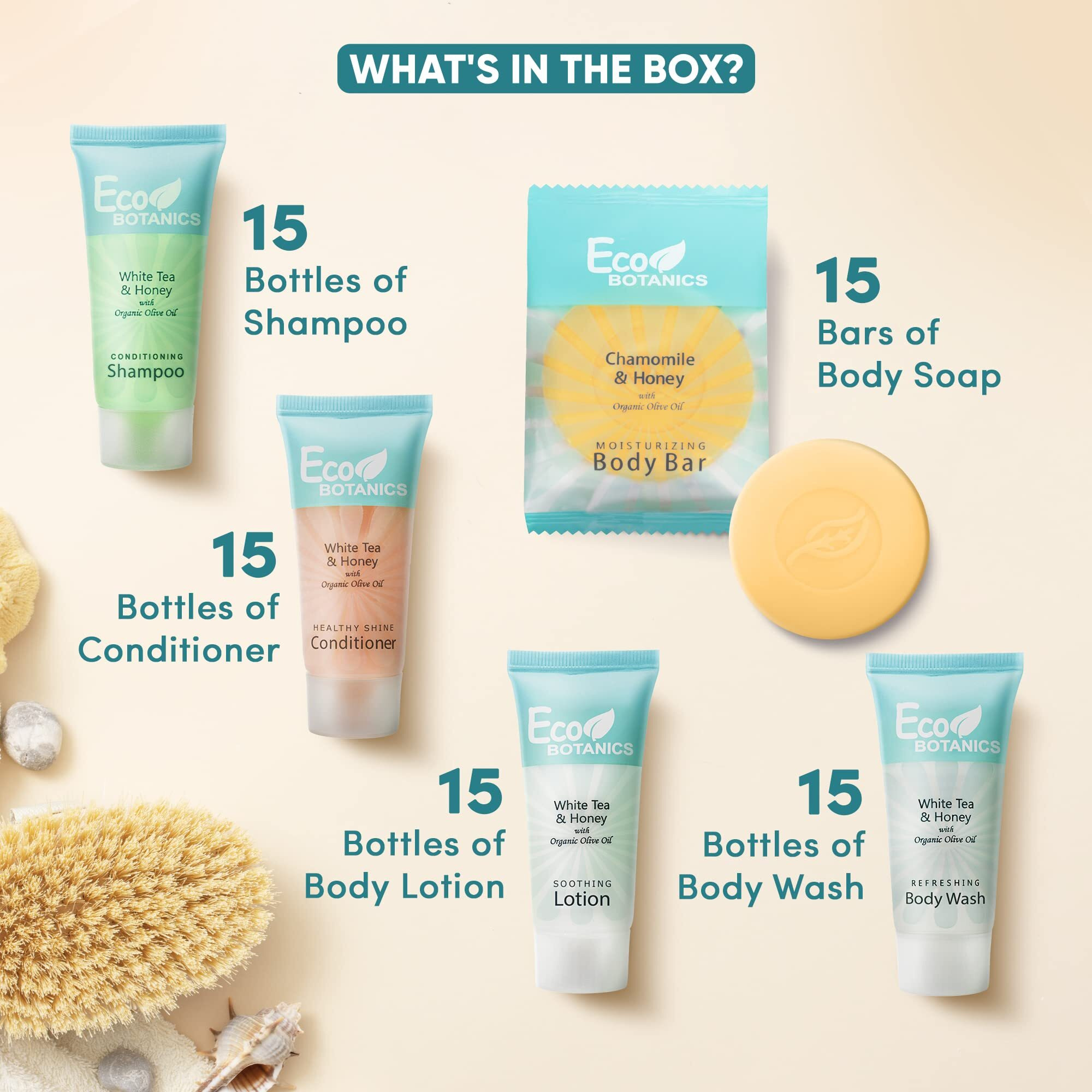 Eco Botanics Hotel Soaps And Toiletries Bulk Set | 1-Shoppe All-In-Kit Amenities |0.85Oz Shampoo & Conditioner, Body Wash, Body Lotion & 0.89Oz Bar Soap Travel Size | 75 Pieces