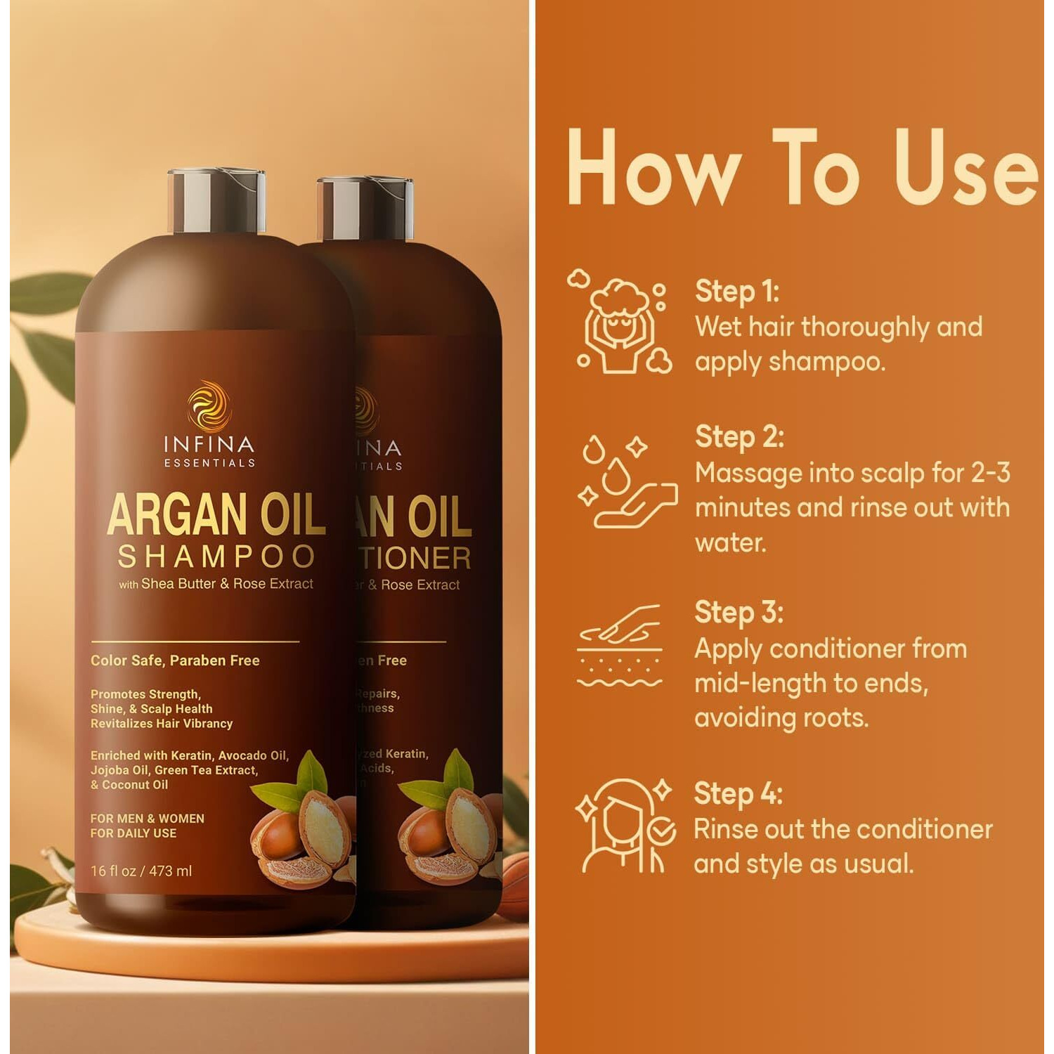 Argan Oil Shampoo And Conditioner Set For Men And Women - Hydrating And Nourishing Sulfate Free Shampoo Conditioner Set For All Hair Types - Hydrating And Nourishing Daily Hair Care - 16 Fl Oz Each