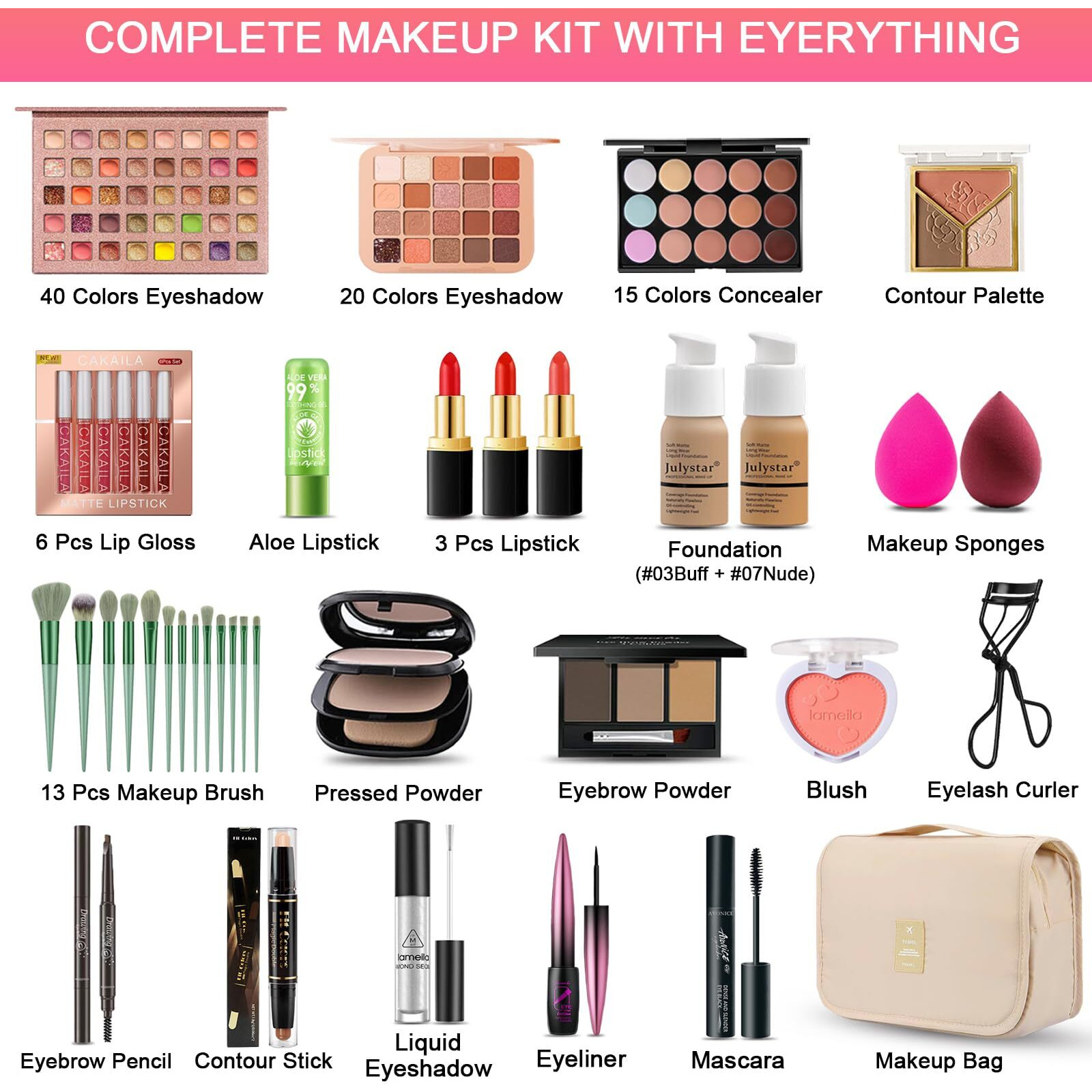 All In One Makeup Kit For Women Full Kit, Professional Travel Makeup Kit For Women & Teens, Foundation Eyeshadow Lipstick Brow Pencil Eyeliner Contour Powder, Complete Make Up Gift Set For Beginners