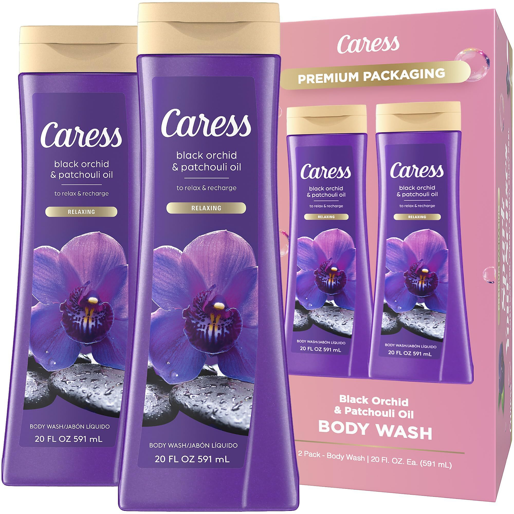 Caress Body Wash, Black Orchid & Patchouli, Moisturizing Body Wash For Fresh, Smooth Skin, Body Soap Liquid To Relax & Recharge, 20 Fl Oz (Pack Of 2)