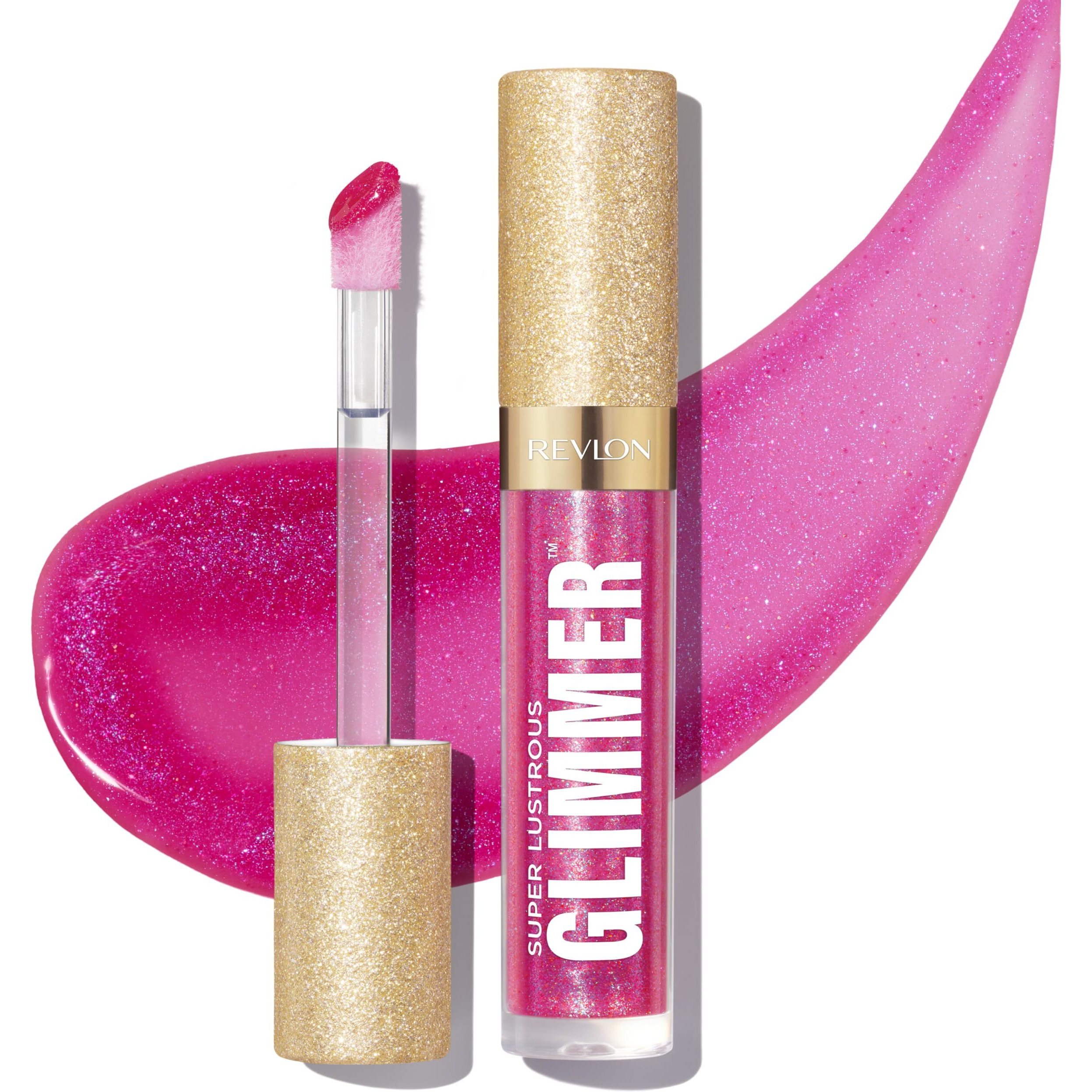 Revlon Super Lustrous Glimmer Gloss, Non-Sticky Lip Gloss, High-Shine Finish, Plant-Based Glitter, 009 Razz Beamy, 0.13 Fl Oz