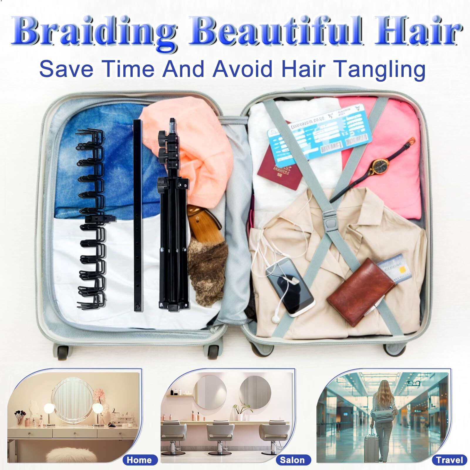 Miveryea Braiding Hair Rack, Height Adjustable Hair Rack Stand With 120 Pegs Metal Hair Braider Tools, Easy To Carry Braid Holder For Hair Salon Home Traveling