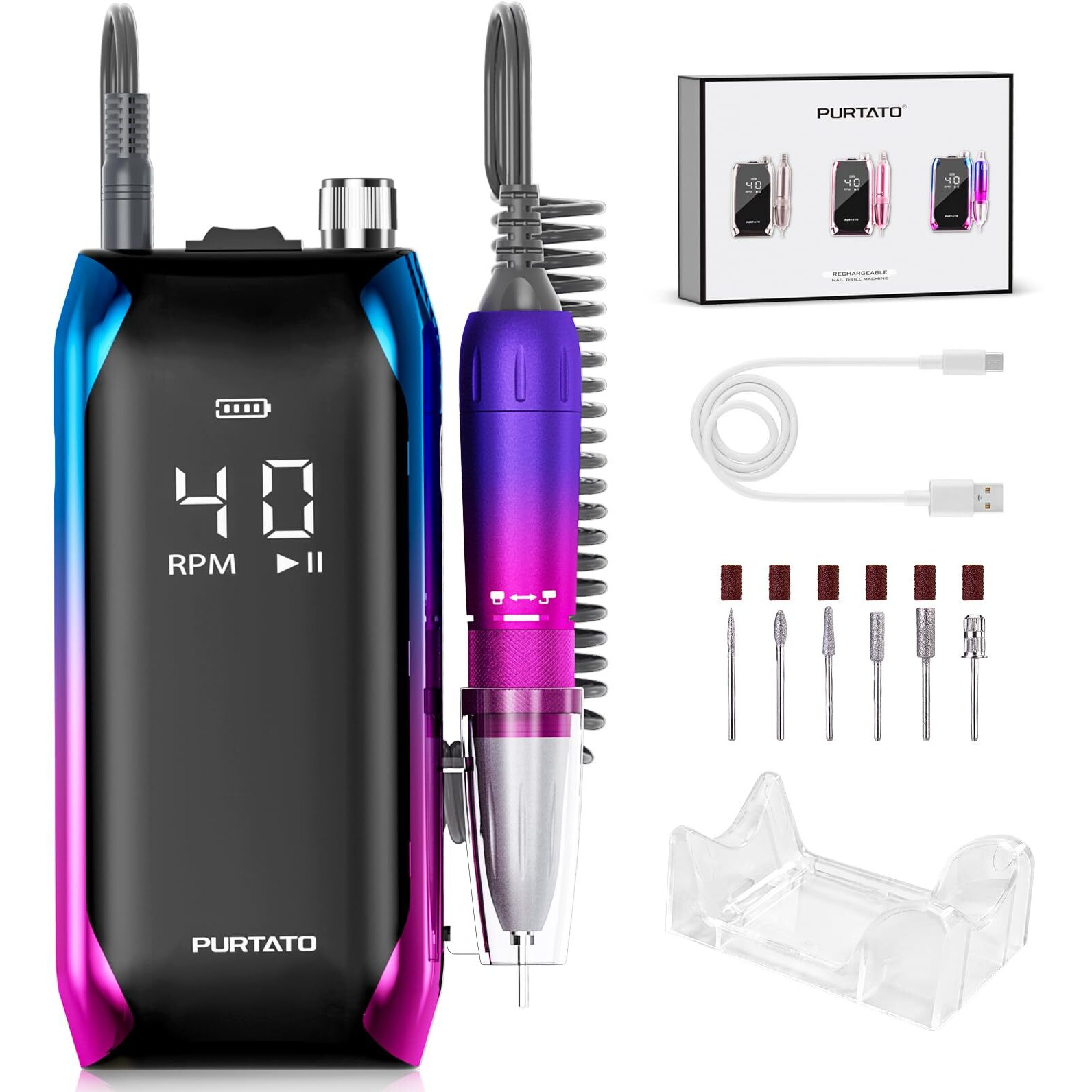 Purtato Professional Nail Drill 40,000 Rpm, Rechargeable,Lcd Display E File Machine For Acrylic Nails Gel Polishing Removing Portable Nails Efile Tools For Manicure Salon & Home (Blue&Purple)