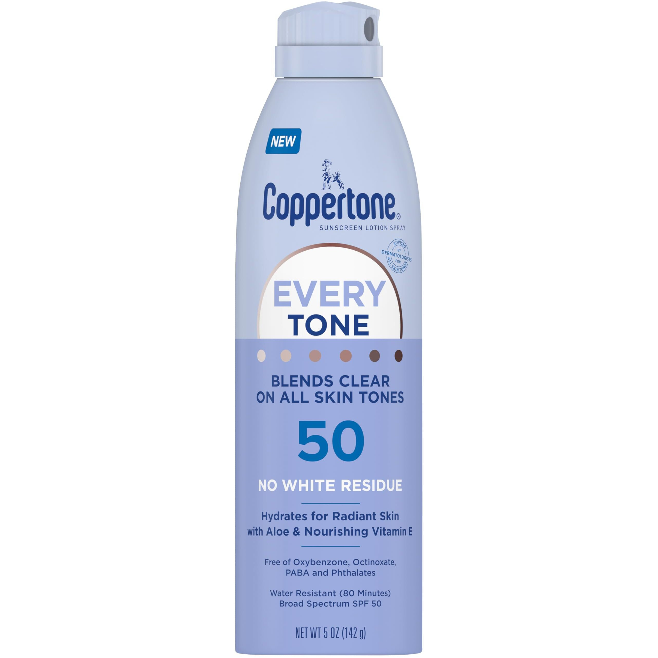 Coppertone Every Tone Sunscreen Spray Spf 50, Lightweight, Blends In Clear Sunscreen For All Skin Tones, Formulated With Nourishing Vitamin E, 5 Oz Bottle