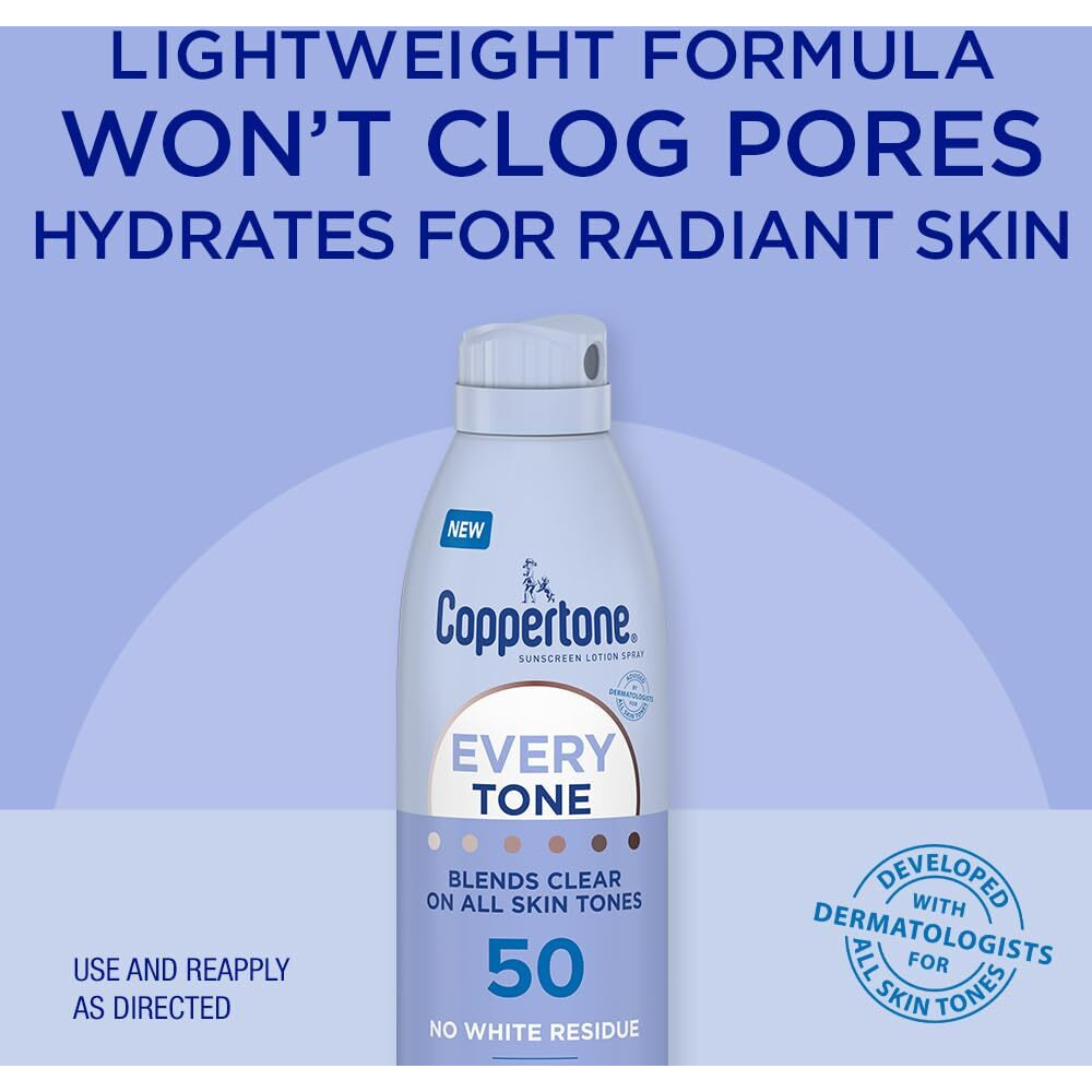 Coppertone Every Tone Sunscreen Spray Spf 50, Lightweight, Blends In Clear Sunscreen For All Skin Tones, Formulated With Nourishing Vitamin E, 5 Oz Bottle