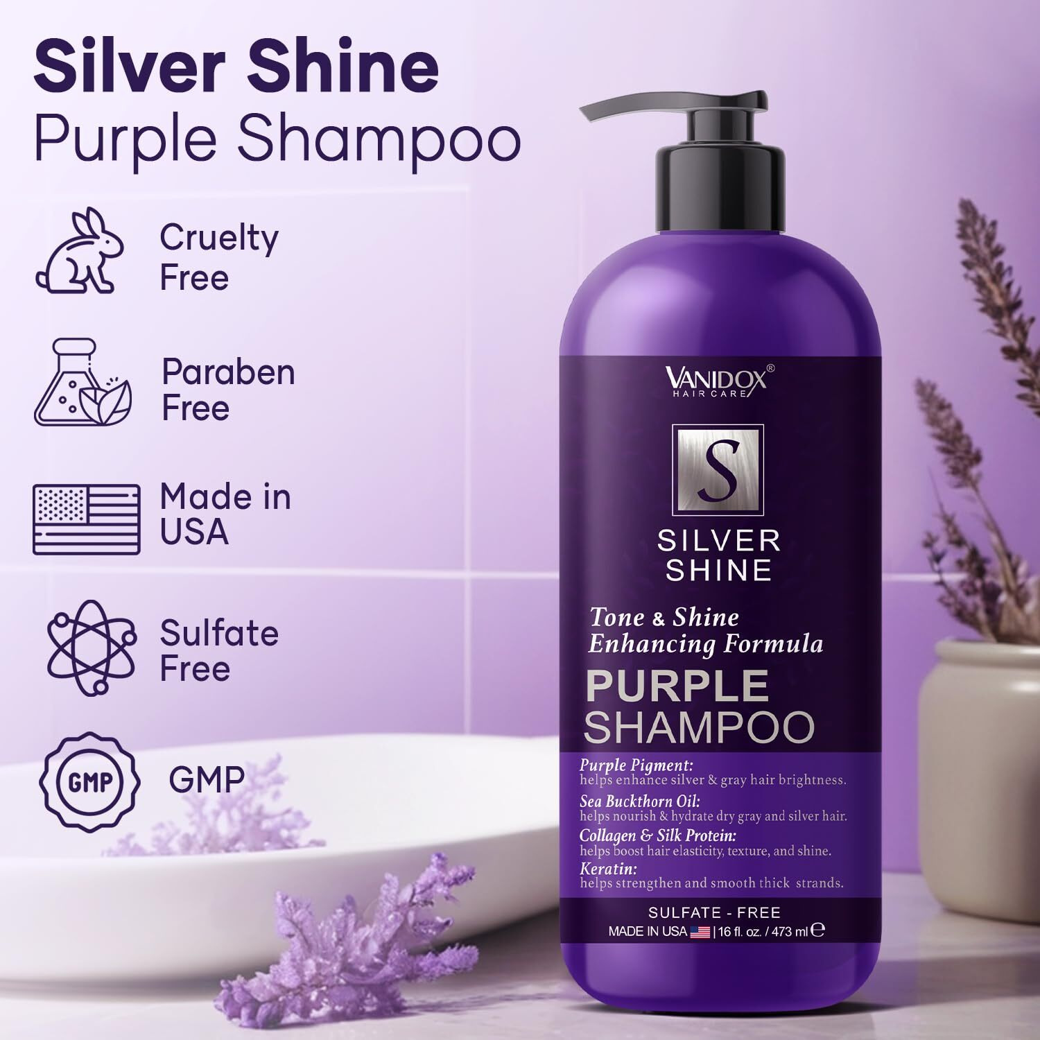 Vanidox Sulfate Free Purple Shampoo For Grey And Silver Hair, Brass Toning Purple Shampoo Infused With Purple Pigment, Purple Shampoo For Gray Hair For Women (16 Fl Oz)