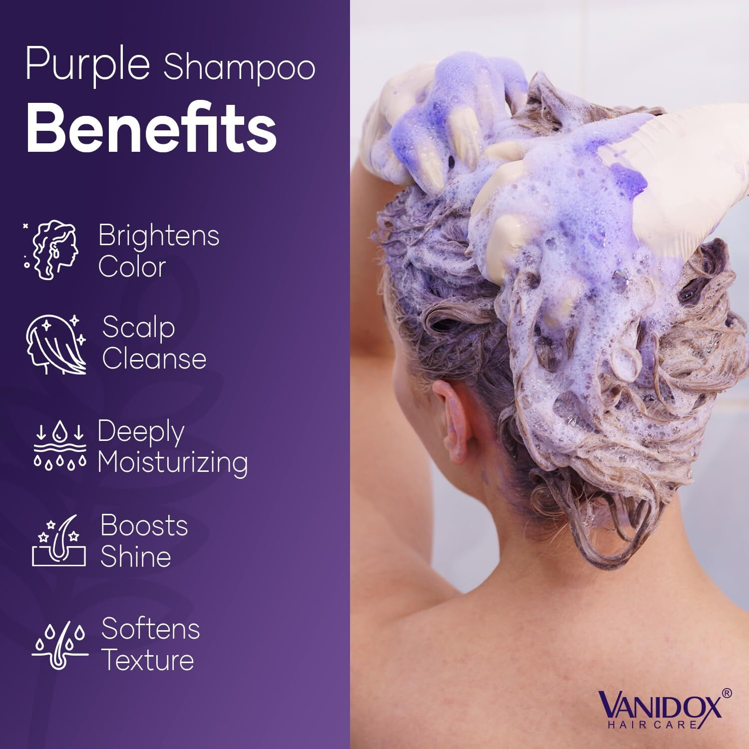 Vanidox Sulfate Free Purple Shampoo For Grey And Silver Hair, Brass Toning Purple Shampoo Infused With Purple Pigment, Purple Shampoo For Gray Hair For Women (16 Fl Oz)