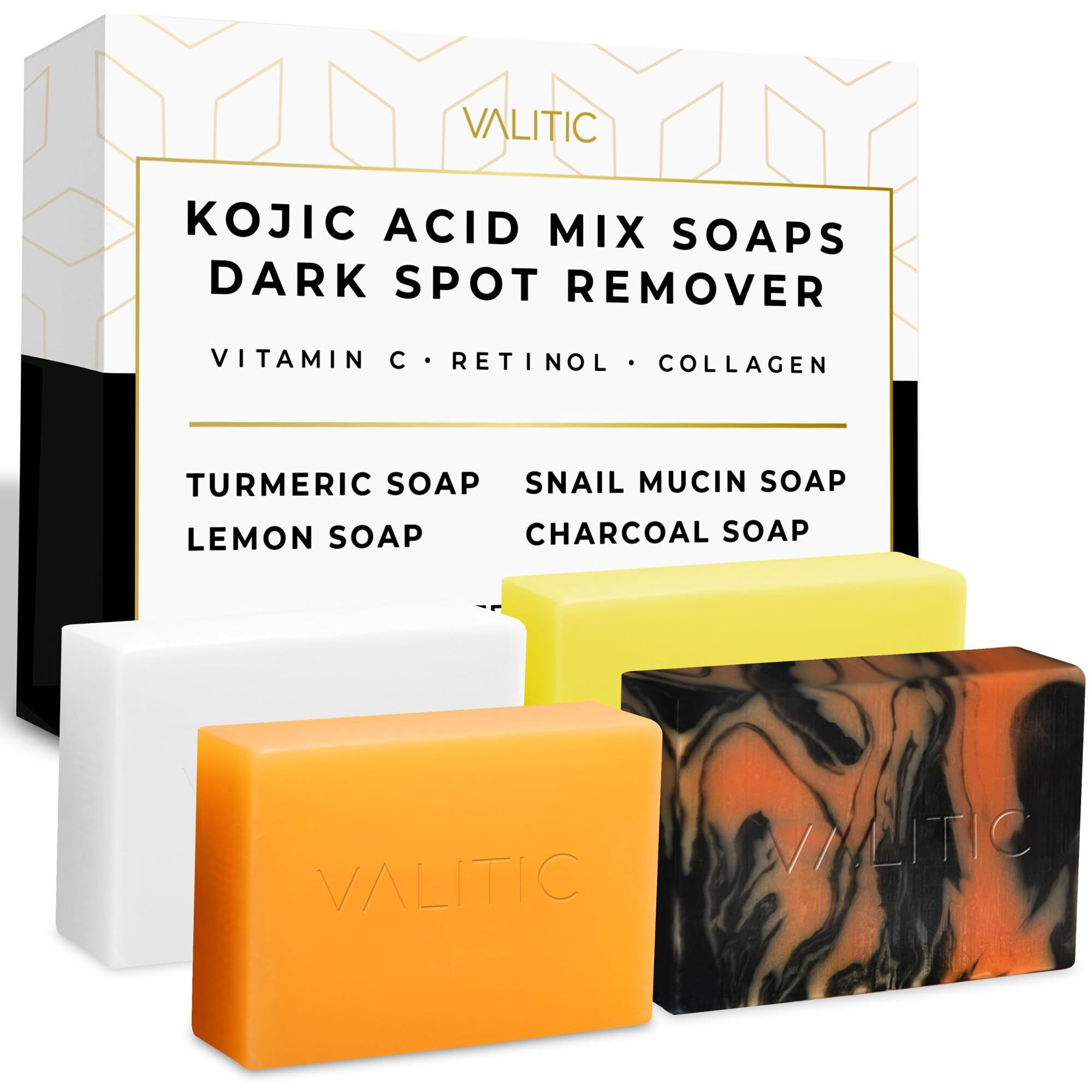 Valitic Kojic Acid Soap Bars - Turmeric, Snail Mucin, Charcoal And Lemon - 4 Assorted Dark Spot Remover Soaps With Hyaluronic Acid, Vitamin C, Vitamin E And Shea Butter