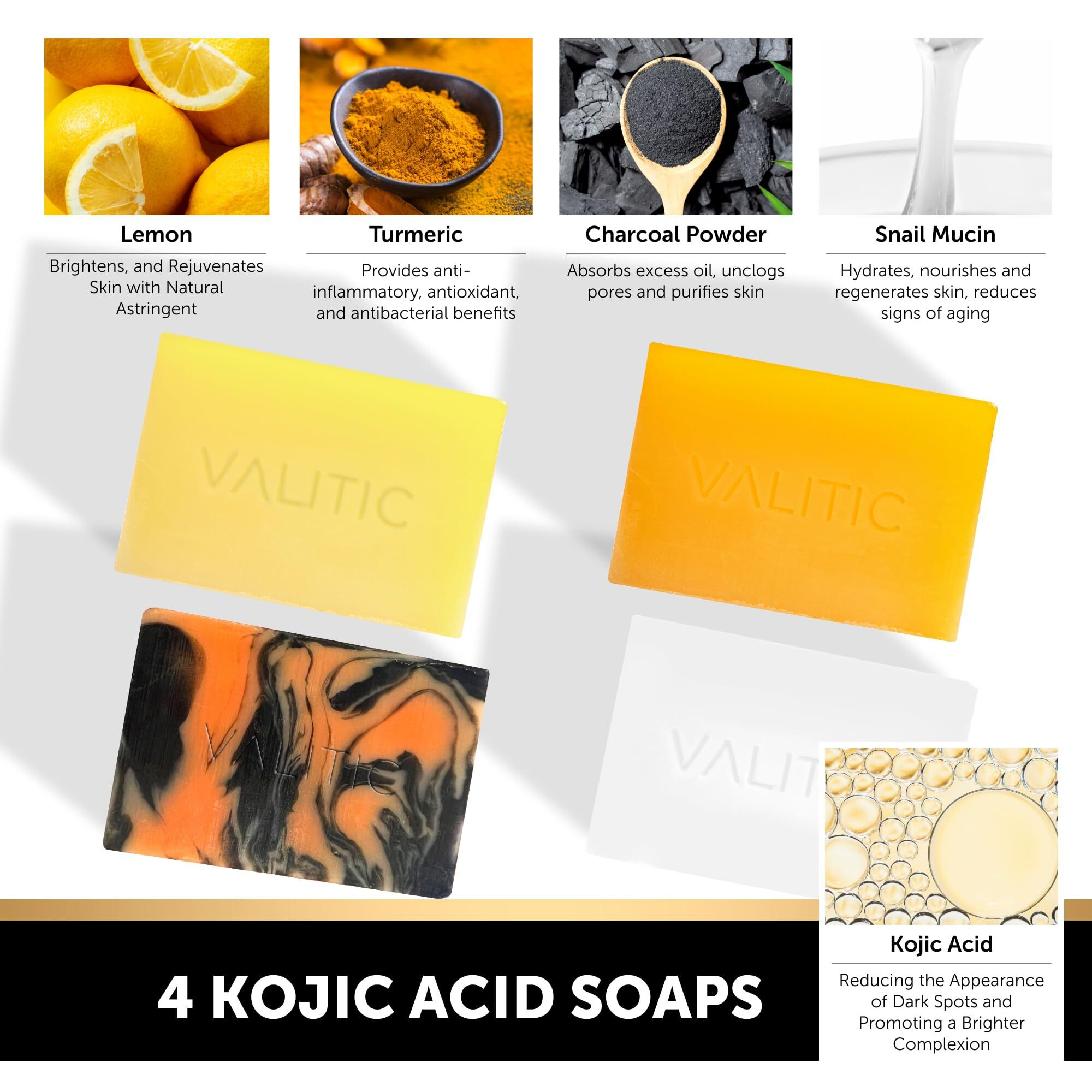 Valitic Kojic Acid Soap Bars - Turmeric, Snail Mucin, Charcoal And Lemon - 4 Assorted Dark Spot Remover Soaps With Hyaluronic Acid, Vitamin C, Vitamin E And Shea Butter
