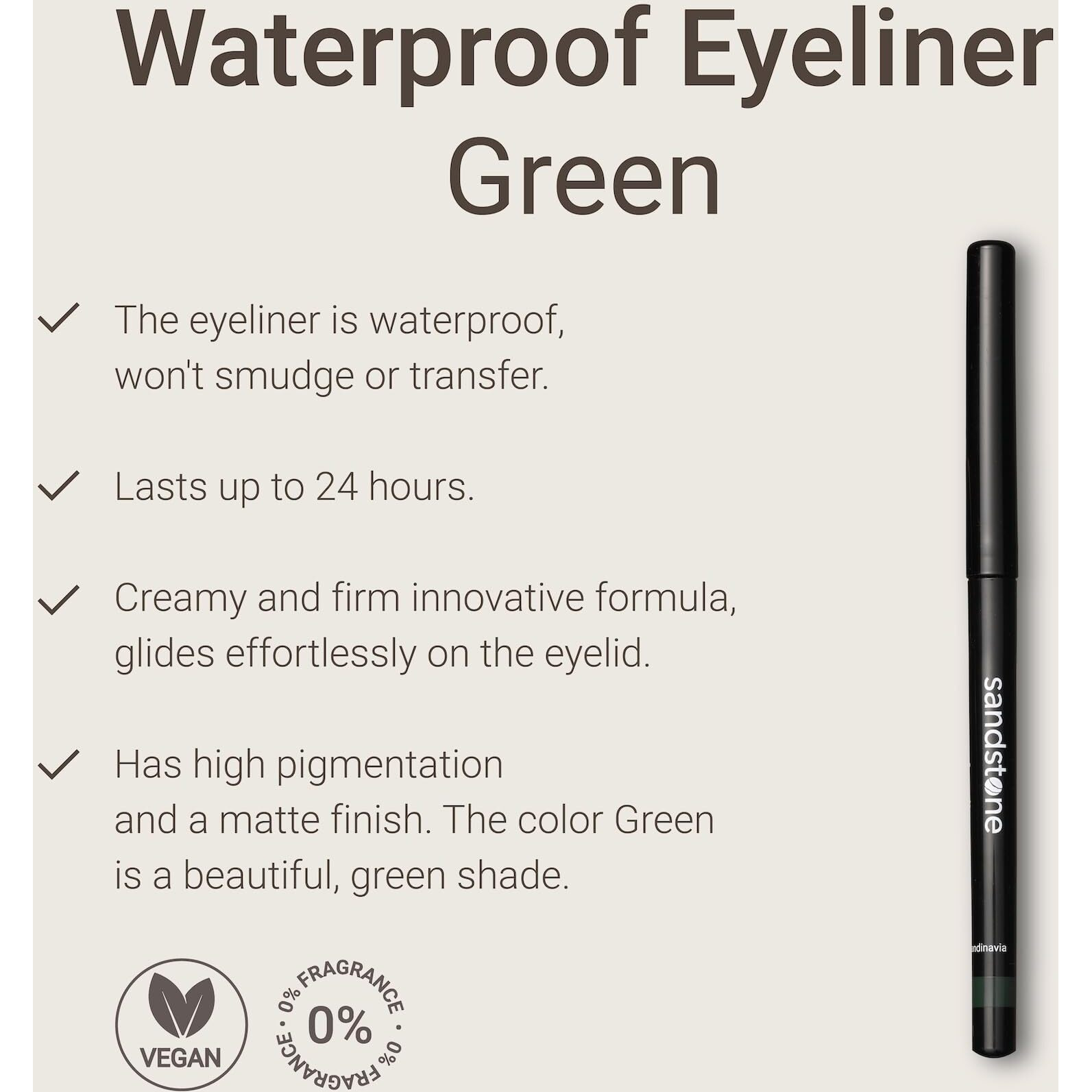 Sandstone Scandinavia Green Waterproof Eyeliner Pencil - Vegan Hypoallergenic Eyeliner For Sensitive Eyes - Smudge Proof Gel Eyeliner Green - Anti-Aging Properties Hypoallergenic Makeup