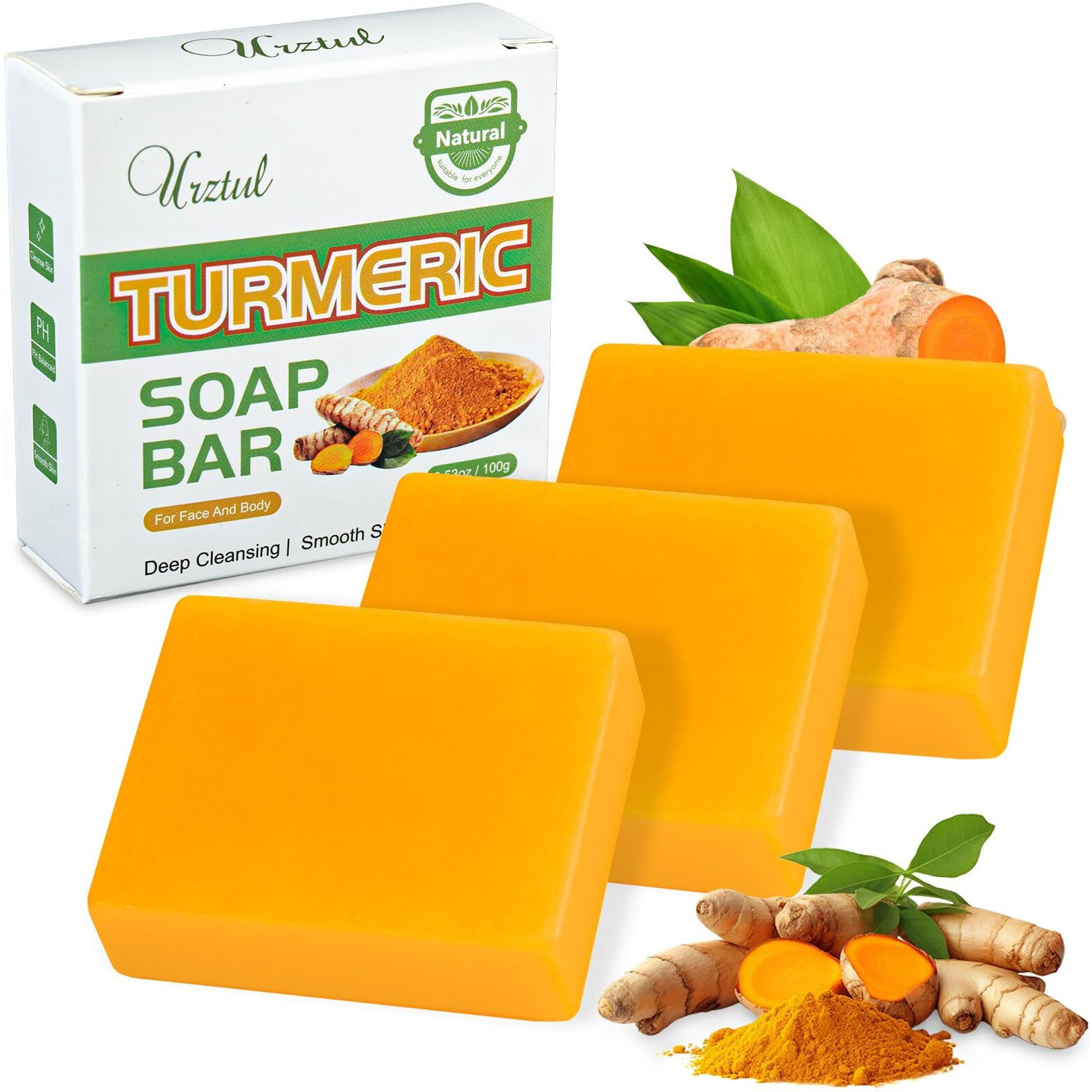Urztul 3 Pcs Turmeric Soap Bar, Organic Tumeric Bar Soap For Face & Body Cleansing, Handmade Body Bath Soap Body Smooth Skin Moisturizing Soothing, For All Skin Types, Men And Women