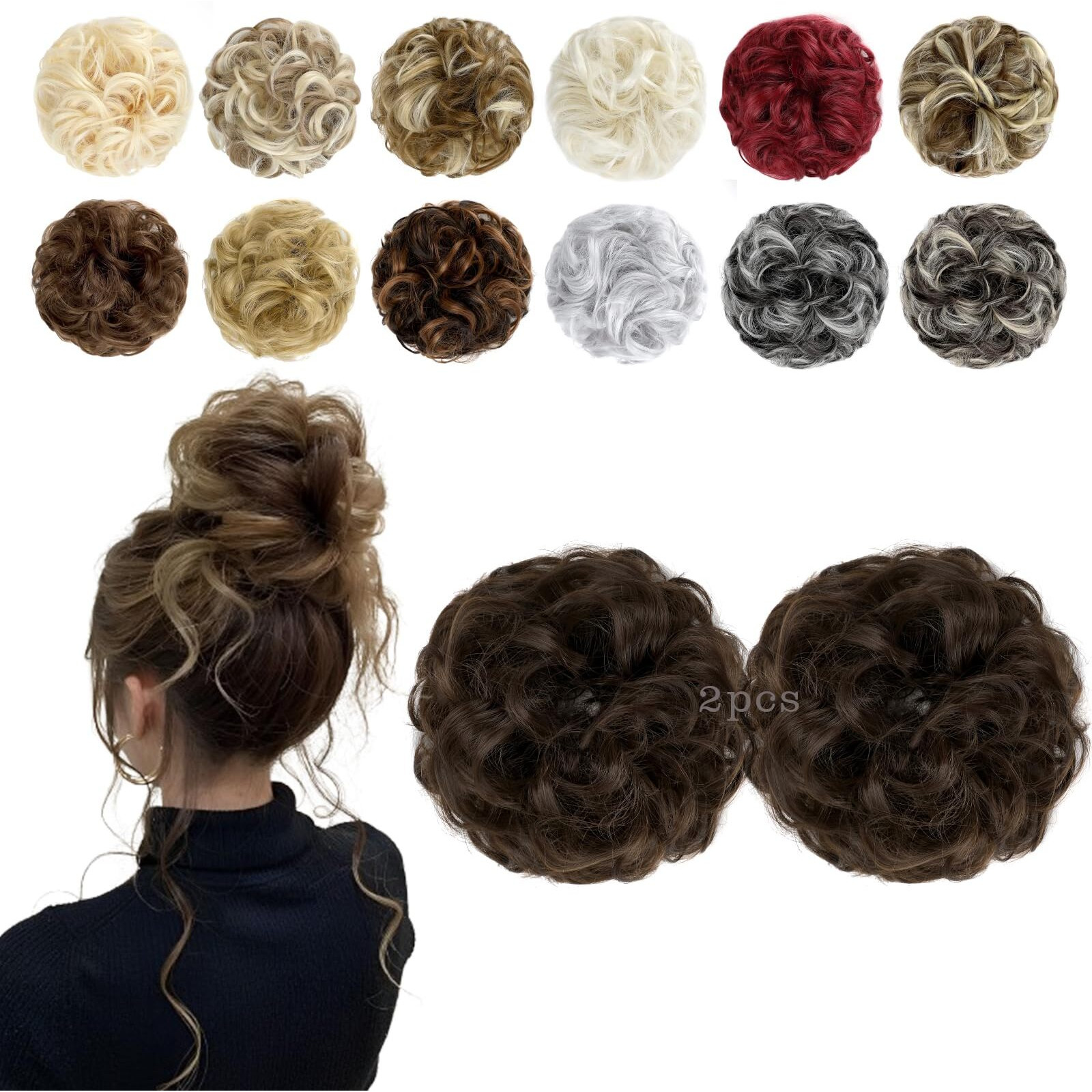 Feidylong 2 Pcs Messy Bun Hair Piece Wavy Curly Hair Bun Scrunchies Extensions Synthetic Chignon Thick Updo Hairpieces For Women Girls(Medium Brown)