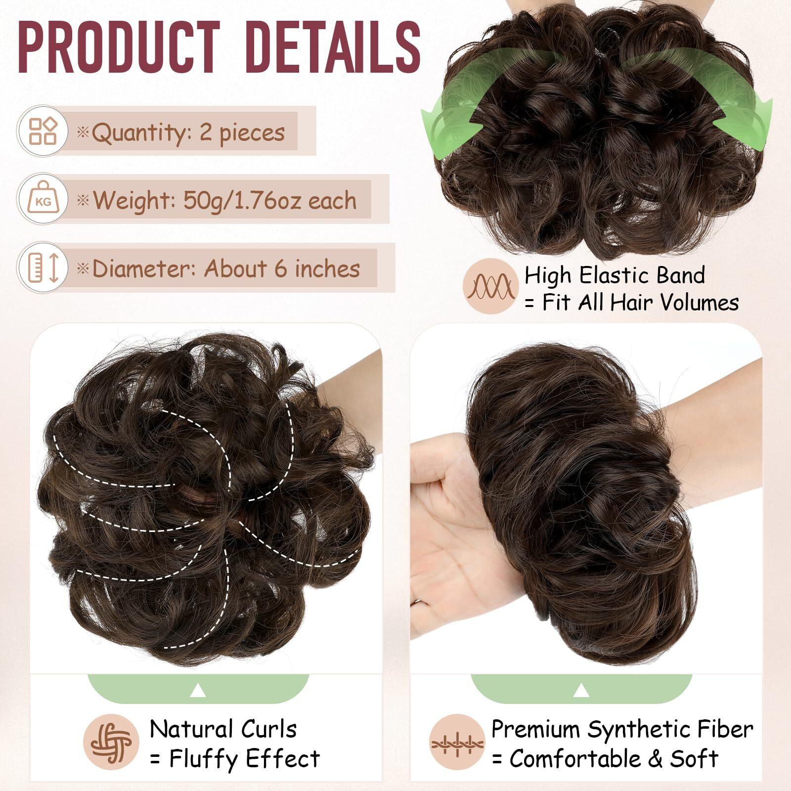 Feidylong 2 Pcs Messy Bun Hair Piece Wavy Curly Hair Bun Scrunchies Extensions Synthetic Chignon Thick Updo Hairpieces For Women Girls(Medium Brown)