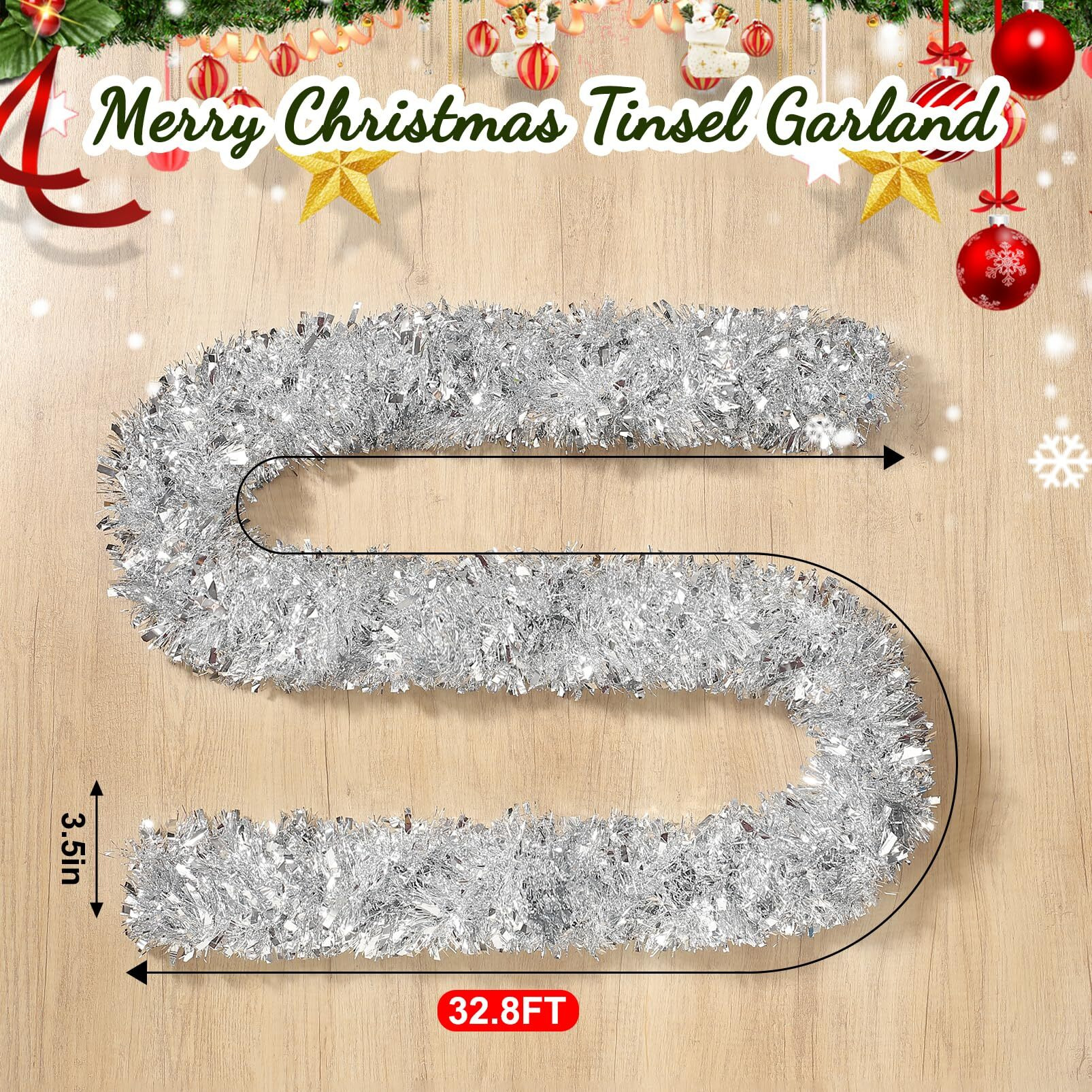 Fushenmu 32.8 Ft Christmas Tinsel Garland,Shiny Silver Hanging Metallic Twist Garland For Xmas Tree Decorations Wedding Party Supplies