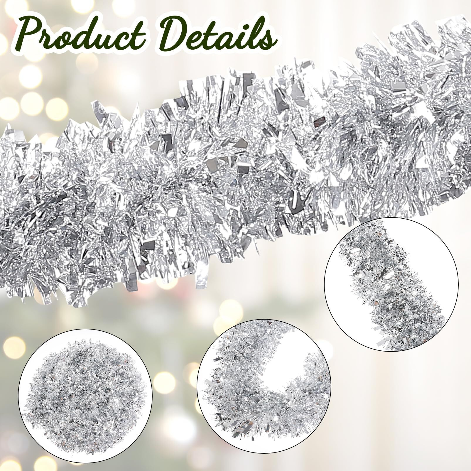 Fushenmu 32.8 Ft Christmas Tinsel Garland,Shiny Silver Hanging Metallic Twist Garland For Xmas Tree Decorations Wedding Party Supplies