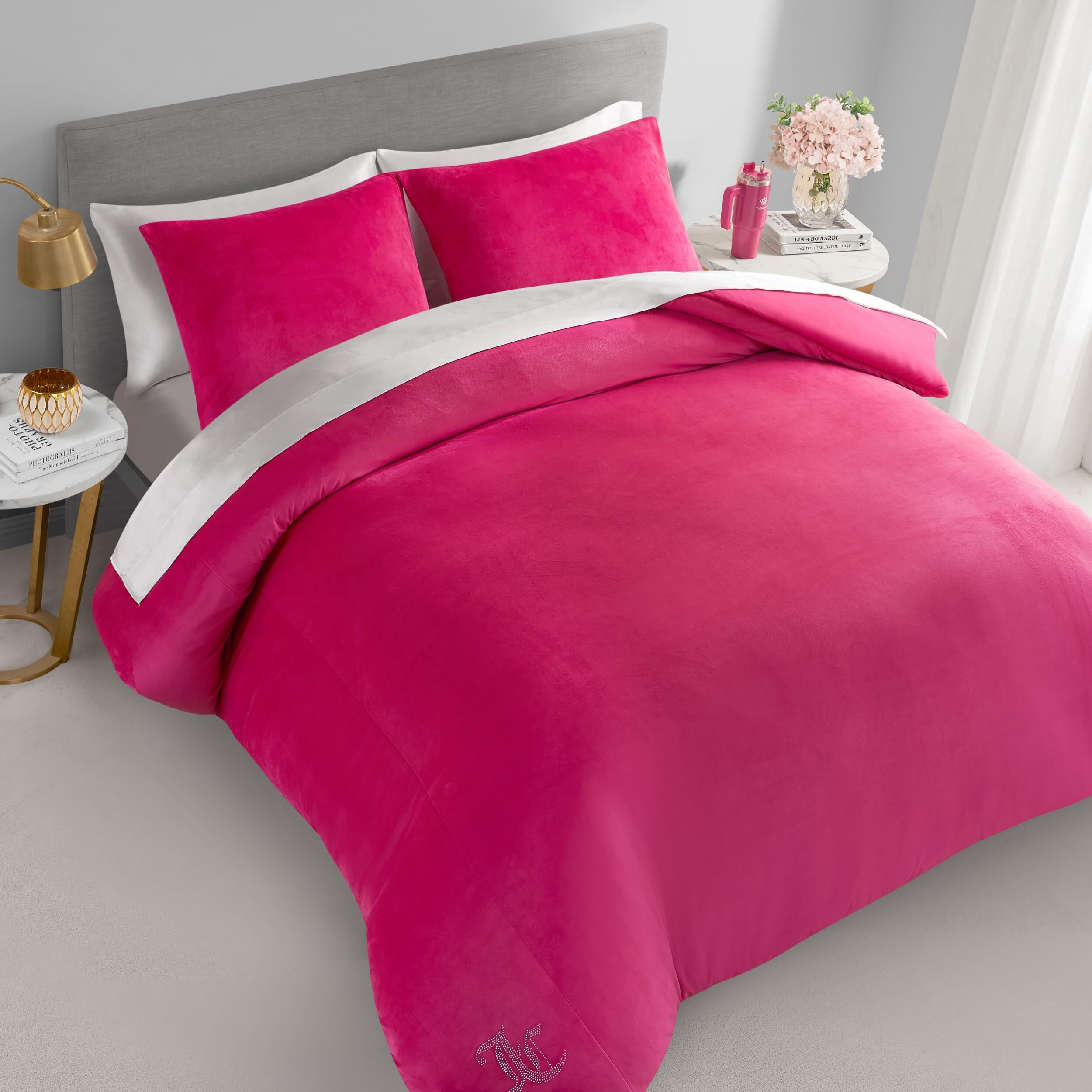 Juicy Couture Hot Pink Velour Full/Queen Comforter Set - 3 Piece Luxury Bedding Ensemble