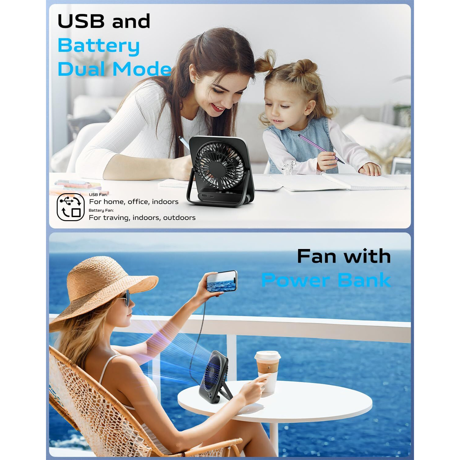 Otlonpe Desk Fan, Rechargeable Portable Fan Slim Quiet, 4000Mah Small Personal Table Fan Battery Operated 7.5-22H, Power Bank, 4 Speeds, 180 Foldable Desktop Fan For Travel Home Office Outdoor, Black