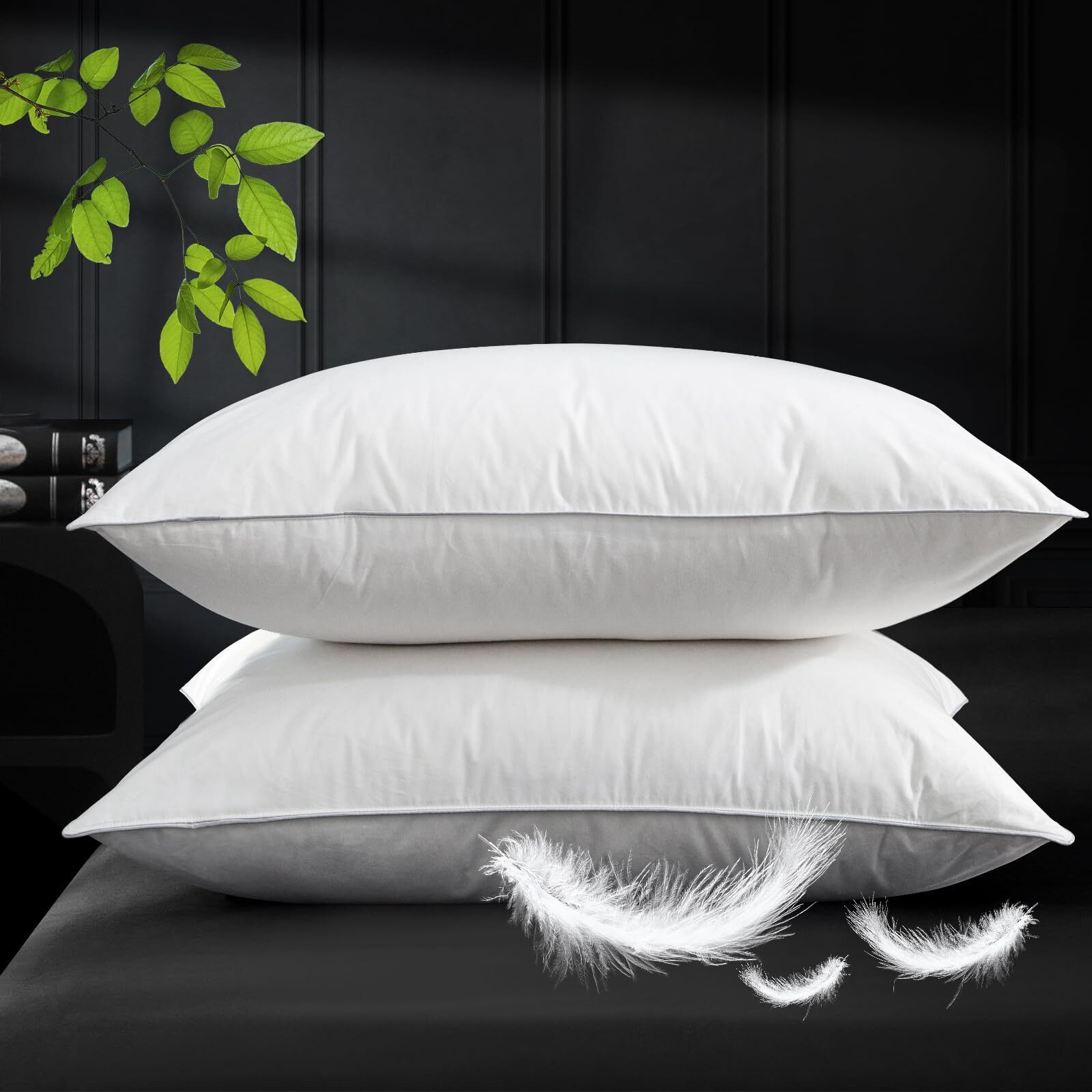 Ivellow Goose Feather Pillow King Size Set Of 2 Hotel White Goose Down Bed Pillows For Sleeping 100% Cotton Pillow Cover Luxury Cloud Soft Breathable Fluffy Pillow For Back, Side, Stomach Sleepers