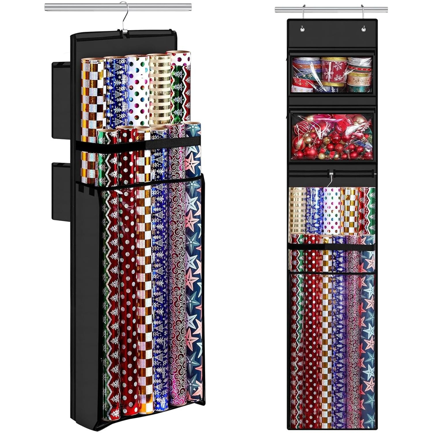 Wrapping Paper Organizer Storage, Double-Sided Hanging Gift Wrap Roll Holder For Christmas, 63"&quotX13"" Over Door Present Bag Container For Room Closet, Black Wrapper Station For Birthday