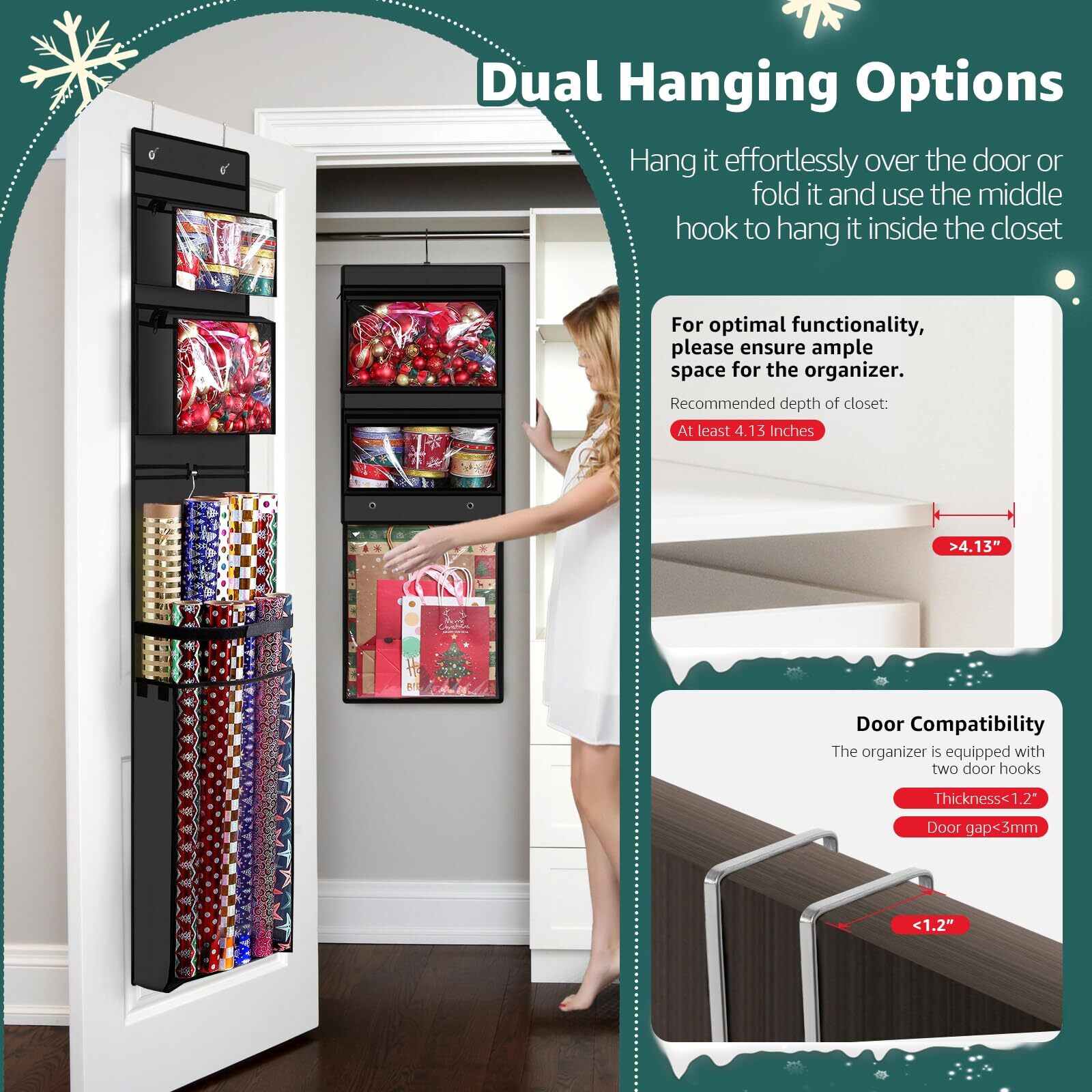 Wrapping Paper Organizer Storage, Double-Sided Hanging Gift Wrap Roll Holder For Christmas, 63"&quotX13"" Over Door Present Bag Container For Room Closet, Black Wrapper Station For Birthday