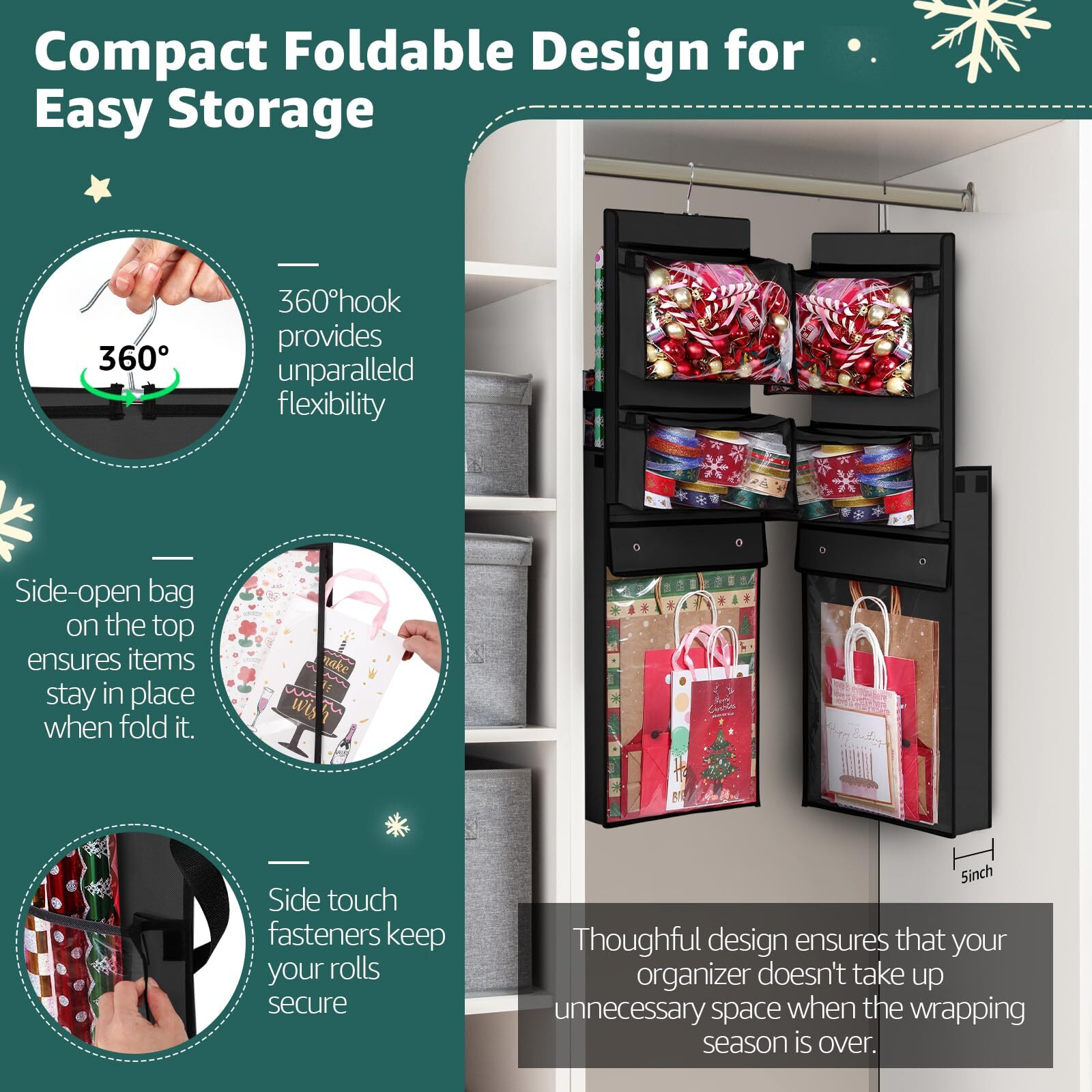 Wrapping Paper Organizer Storage, Double-Sided Hanging Gift Wrap Roll Holder For Christmas, 63"&quotX13"" Over Door Present Bag Container For Room Closet, Black Wrapper Station For Birthday