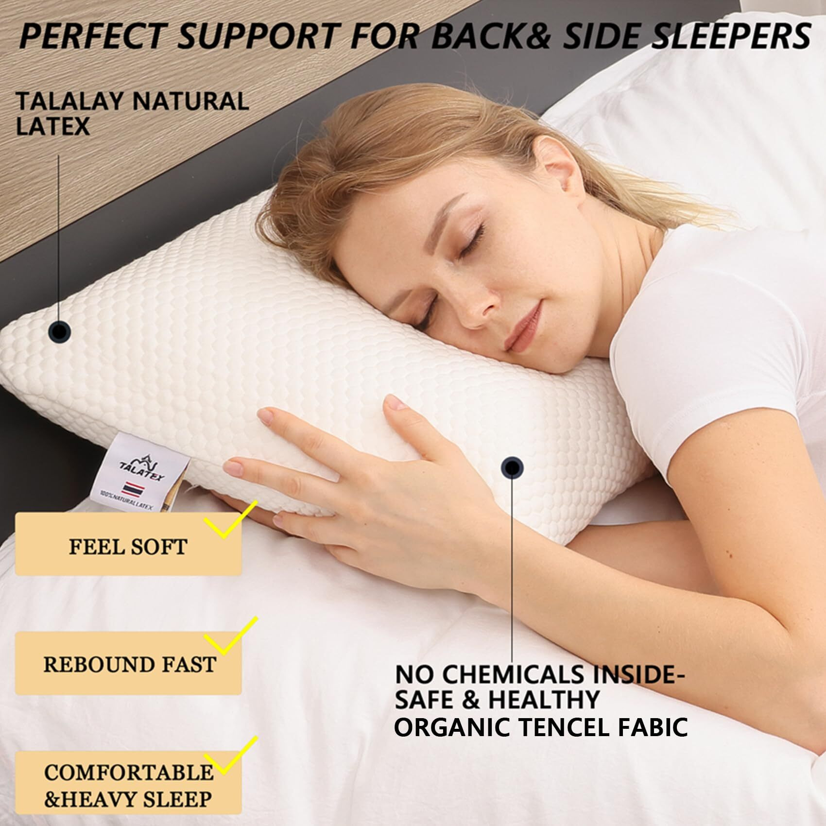 Talatex Talalay 100% Natural Premium Latex Pillow, Helps Relieve Pressure, No Memory Foam Chemicals, Perfect Package Best Gift With Removable Tencel Cover