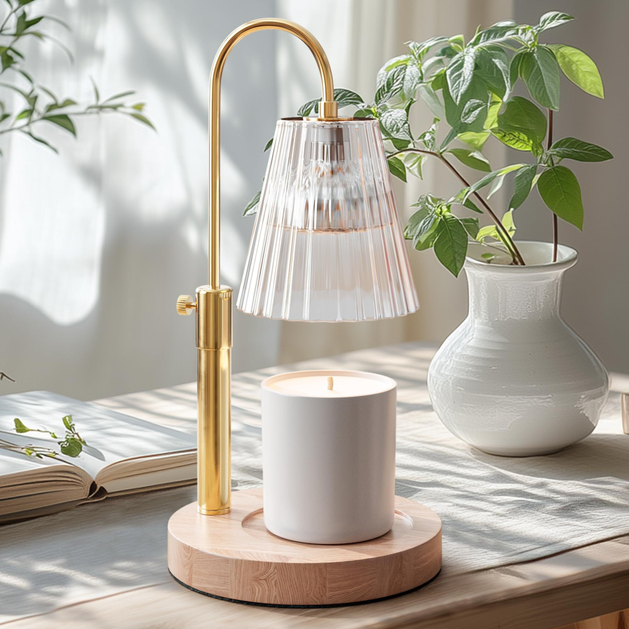 Wood Candle Warmer Lamp With Large Round Base & Adjustable Height, Dimmable Candle Lamp With Timer, Electric Lamp Candle Warmer For Jar Candles, Candle Melter Lamp With 4 Halogen Light Bulbs
