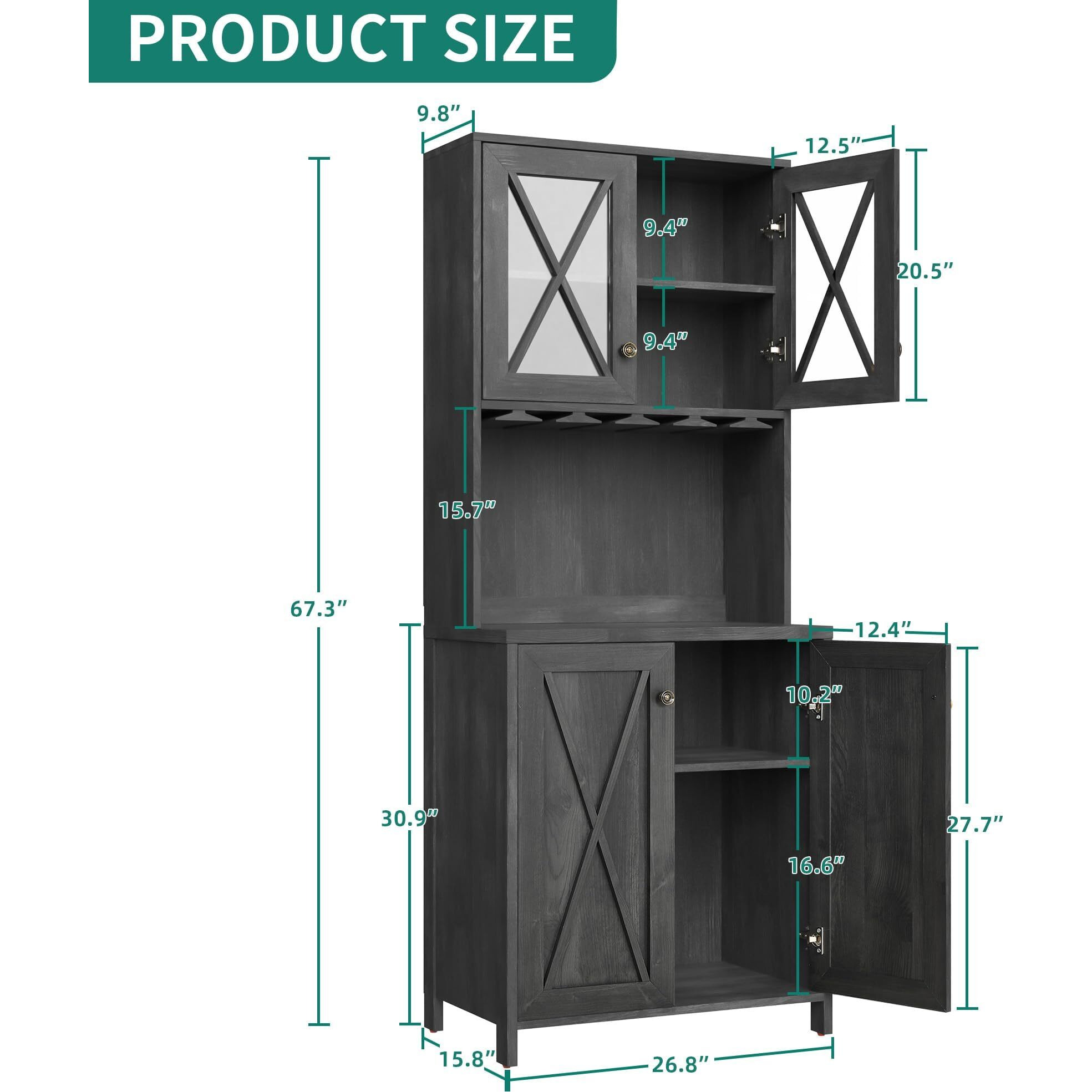 Yitahome Farmhouse Bar Cabinet, 67"" Tall Wine Bar Cabinet With For Wine Glass Rack, Home Bar Cabinet With Open Storage Shelves & Glass Doors For Living Room, Hallway, Charcoal Grey