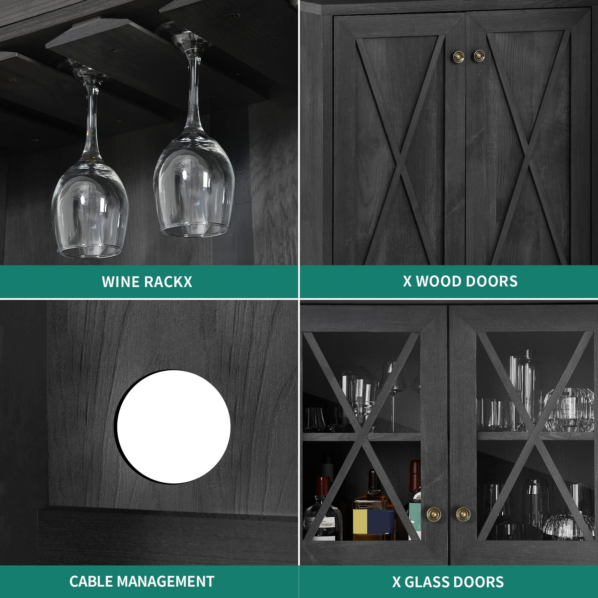 Yitahome Farmhouse Bar Cabinet, 67"" Tall Wine Bar Cabinet With For Wine Glass Rack, Home Bar Cabinet With Open Storage Shelves & Glass Doors For Living Room, Hallway, Charcoal Grey