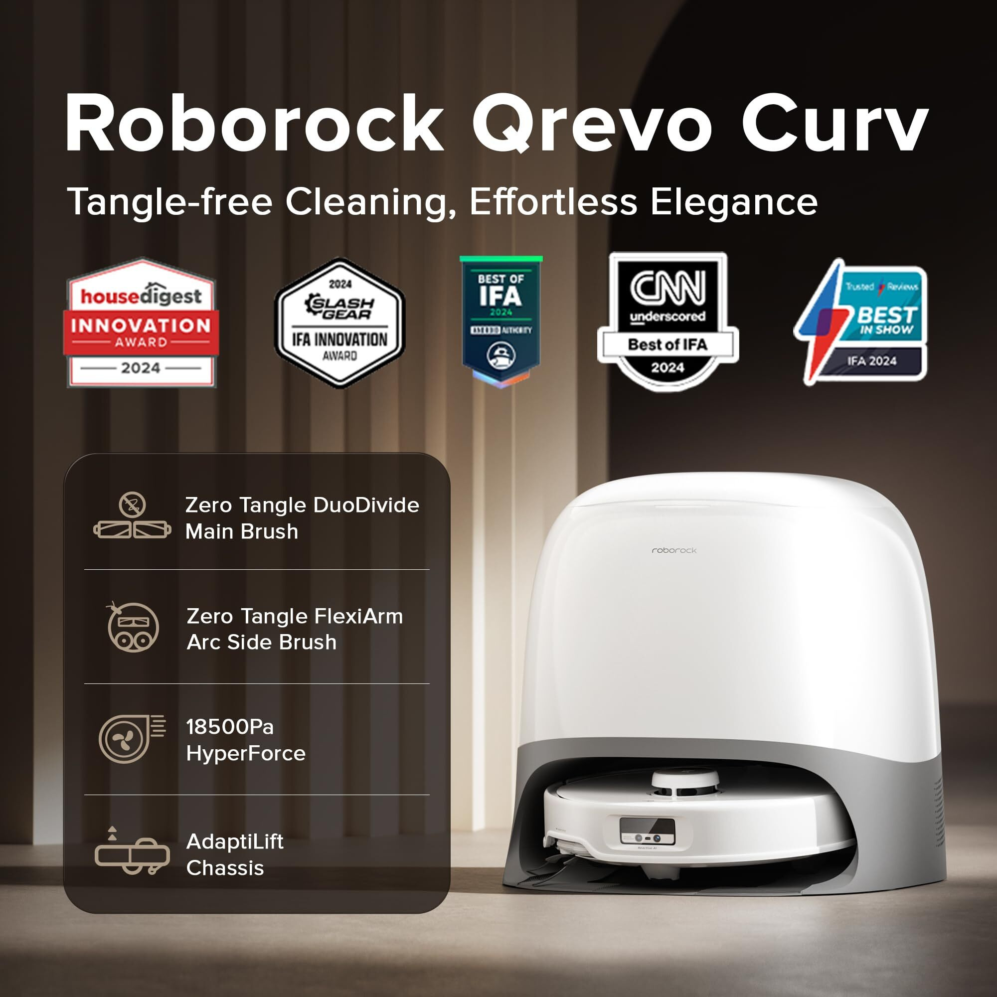 Roborock Qrevo Curv Robot Vacuum And Mop, 18,500Pa Suction, Zero-Tangling, Duodivide Main Brush, Flexiarm Arc Side Brush, Flexiarm Mop, Adaptilift Chassis, Auto Mop Washing & Drying, Self-Emptying