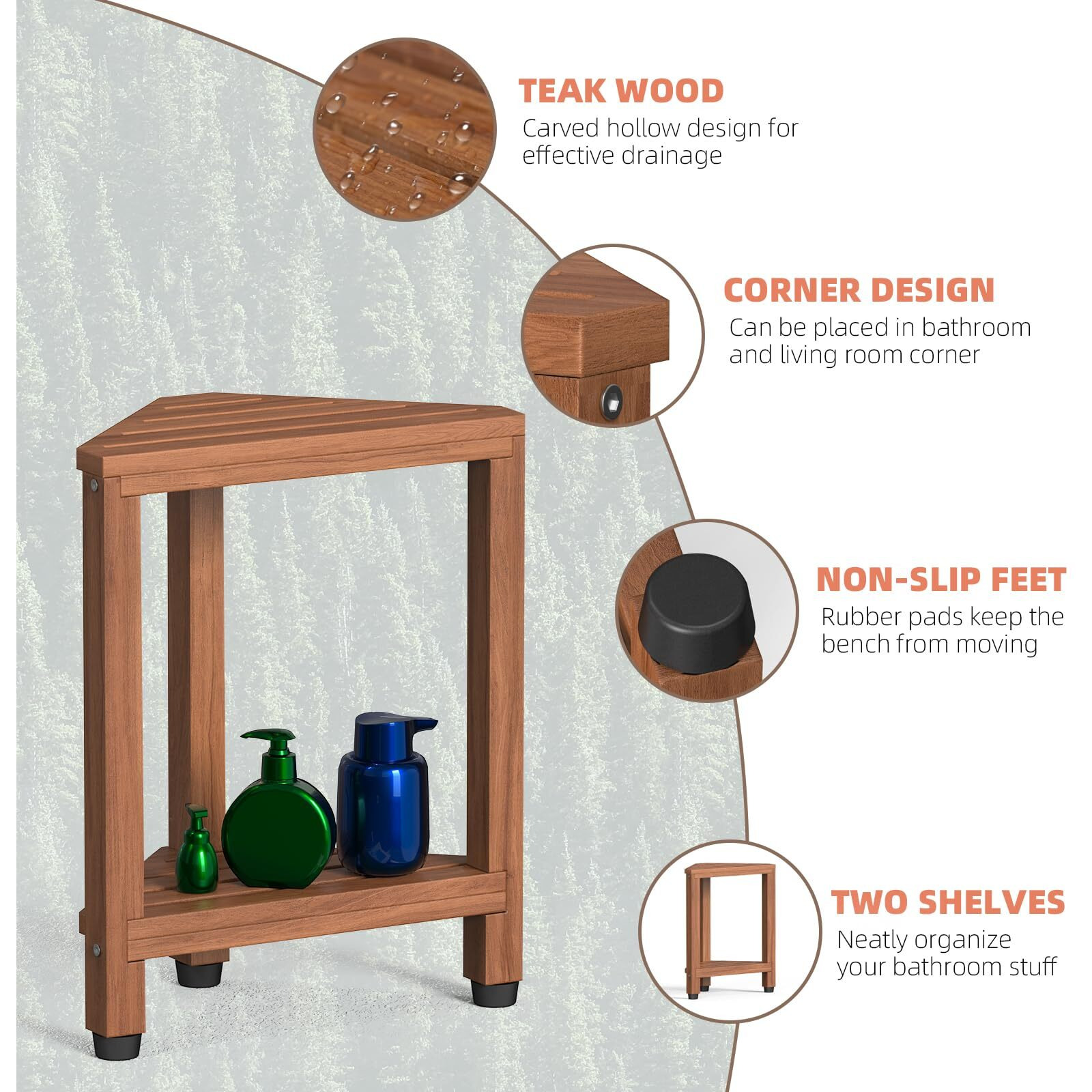 Corner Shower Stool For Shaving Legs, Teak Corner Shower Bench Stools For Inside Shower,Bathroom Shower Bench Seat Shower Foot Rest With Storage Shelf For Small Shower Spaces