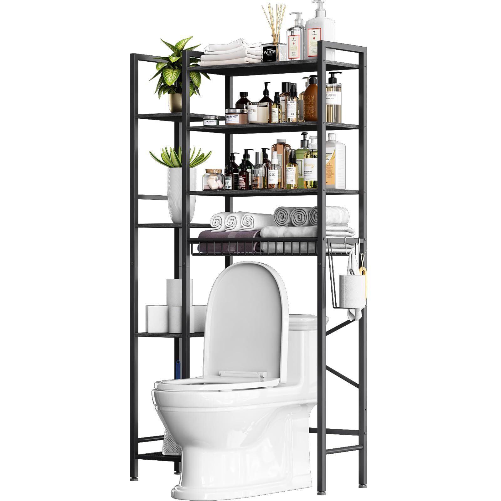Kalrin Over The Toilet Storage Rack With Extra Side Shelves, 4-Tier Bathroom Over Toilet Storage With Adjustable Shelf & Drain Basket, Freestanding Bathroom Organizer For Balcony, Laundry(Pure Black)