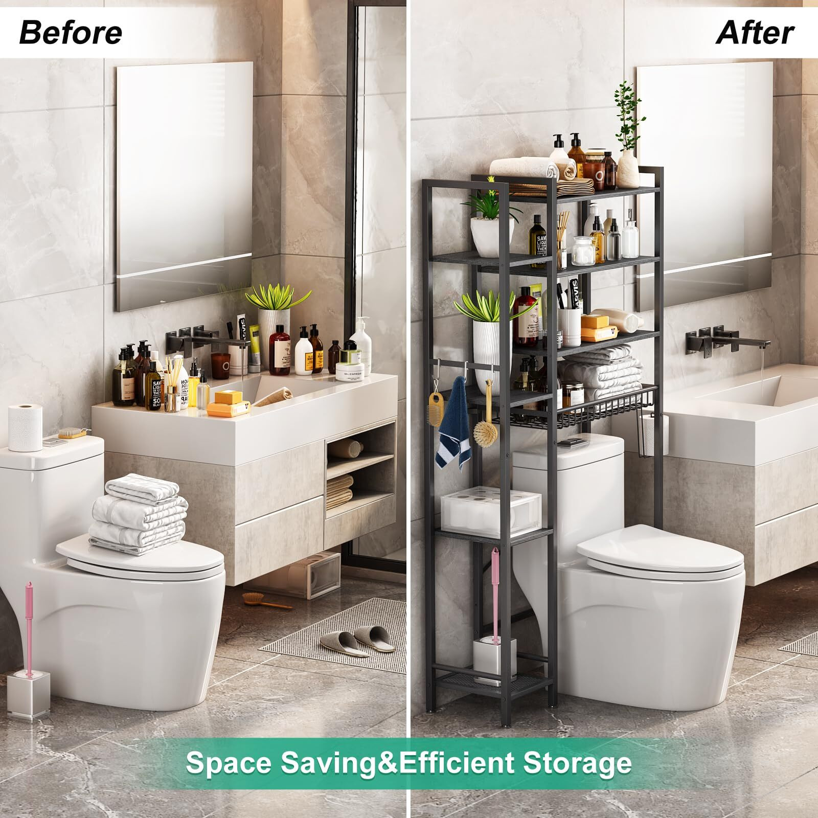 Kalrin Over The Toilet Storage Rack With Extra Side Shelves, 4-Tier Bathroom Over Toilet Storage With Adjustable Shelf & Drain Basket, Freestanding Bathroom Organizer For Balcony, Laundry(Pure Black)
